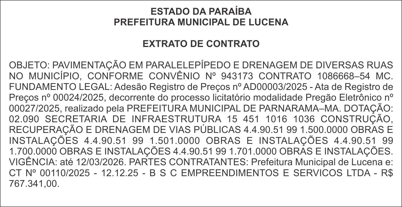 PREFEITURA MUNICIPAL DE LUCENA – EXTRATO DE CONTRATO
