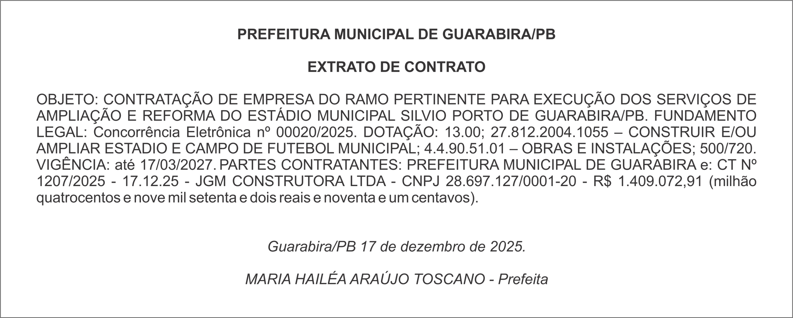 PREFEITURA MUNICIPAL DE GUARABIRA/PB – EXTRATO DE CONTRATO