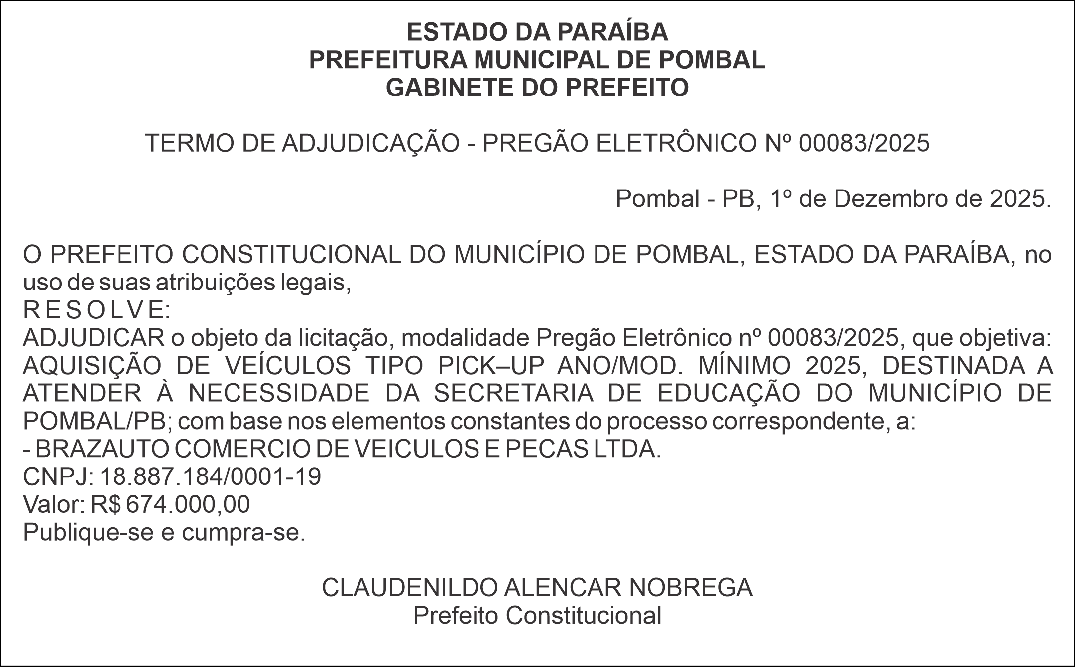 PREFEITURA MUNICIPAL DE POMBAL – TERMO DE ADJUDICAÇÃO – PREGÃO ELETRÔNICO Nº 00083/2025