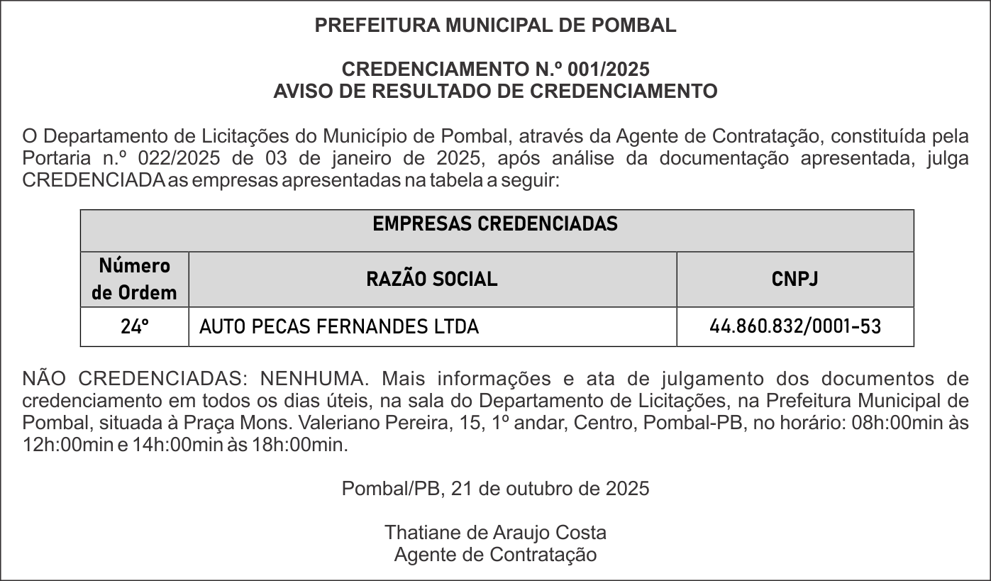 PREFEITURA MUNICIPAL DE POMBAL – CREDENCIAMENTO N.º 001/2025 – AVISO DE RESULTADO DE CREDENCIAMENTO