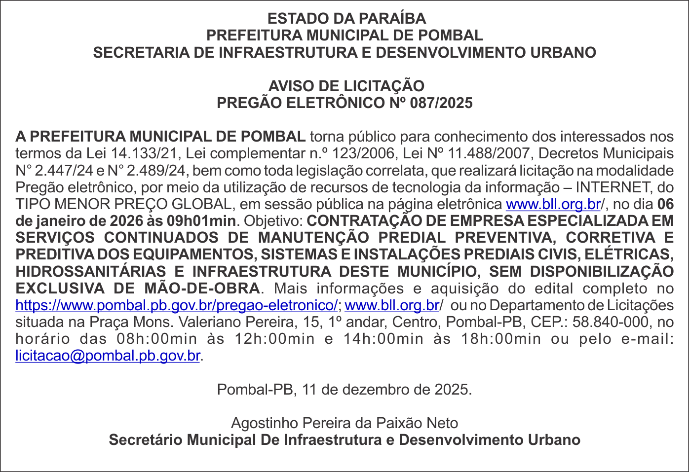 PREFEITURA MUNICIPAL DE POMBAL – AVISO DE LICITAÇÃO – PREGÃO ELETRÔNICO Nº 087/2025