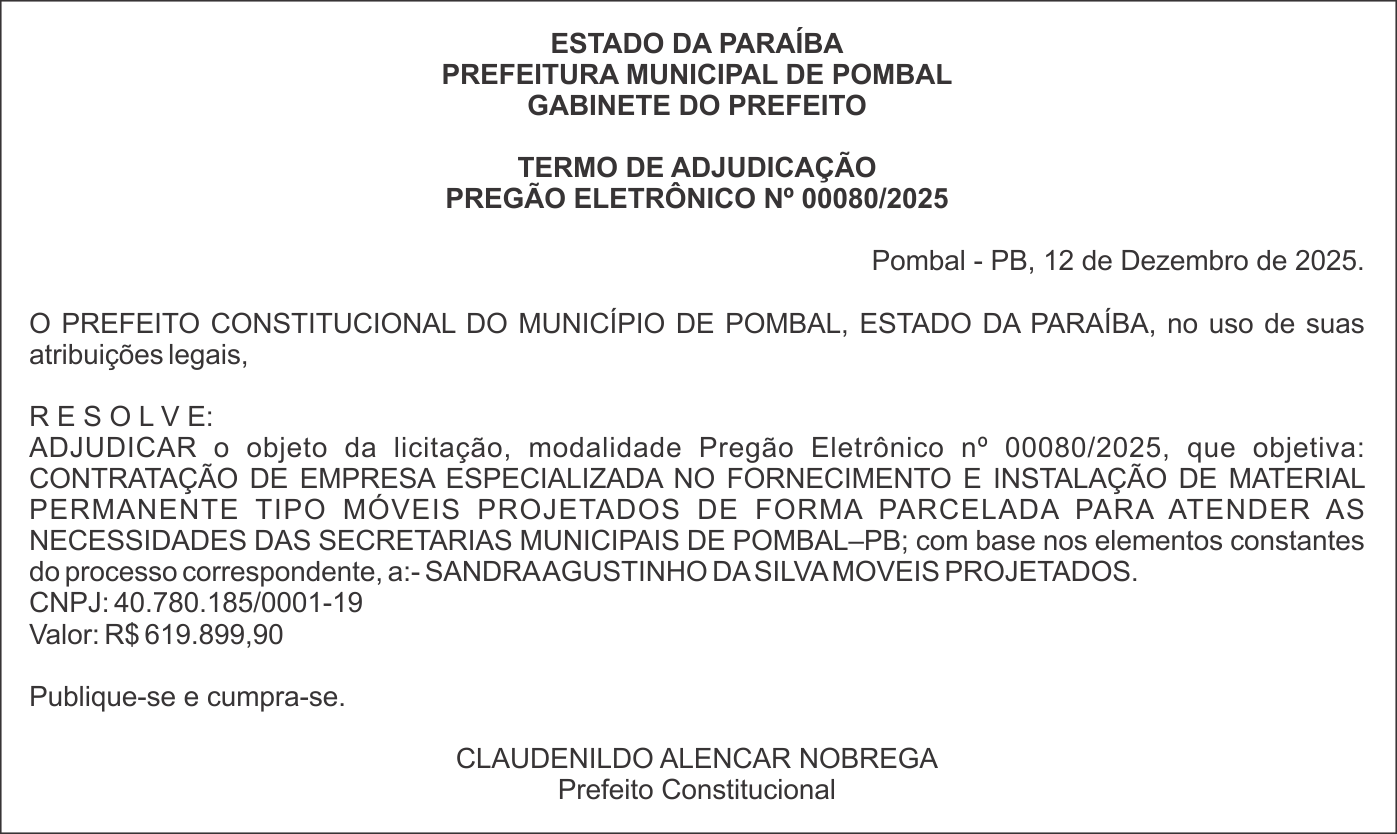 PREFEITURA MUNICIPAL DE POMBAL – TERMO DE ADJUDICAÇÃO – PREGÃO ELETRÔNICO Nº 00080/2025