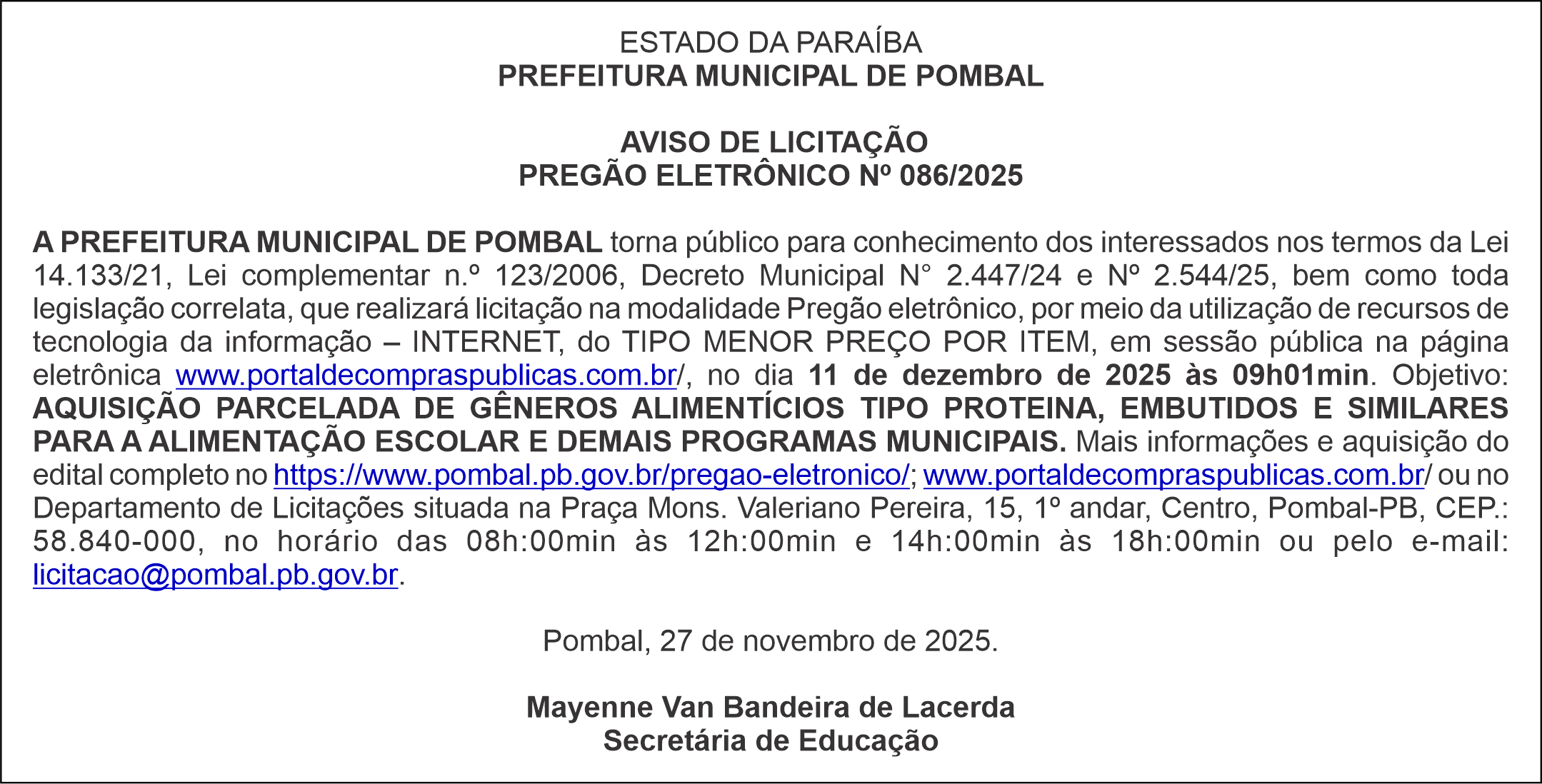 PREFEITURA MUNICIPAL DE POMBAL –  AVISO DE LICITAÇÃO – PREGÃO ELETRÔNICO Nº 086/2025
