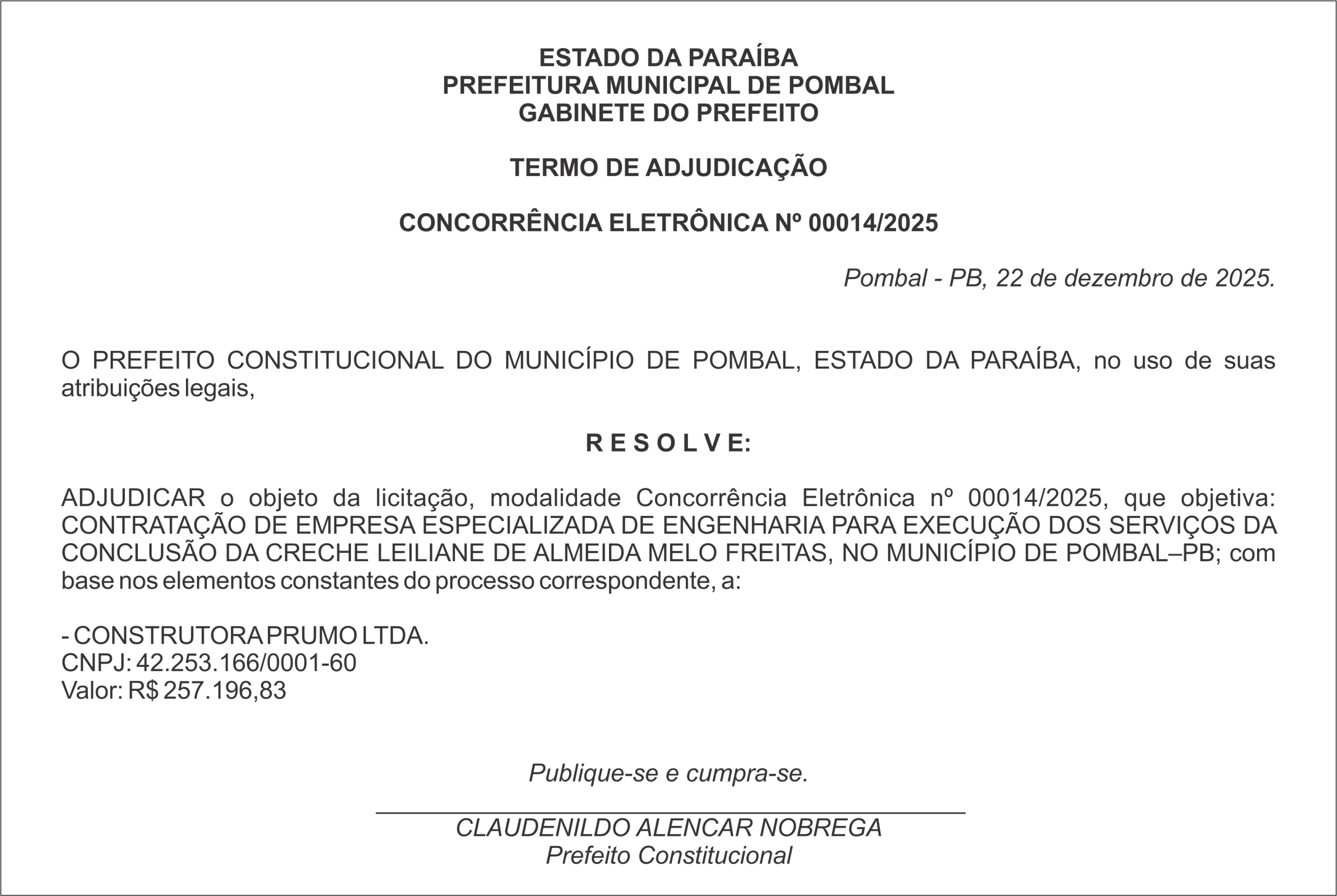 PREFEITURA MUNICIPAL DE POMBAL – TERMO DE ADJUDICAÇÃO