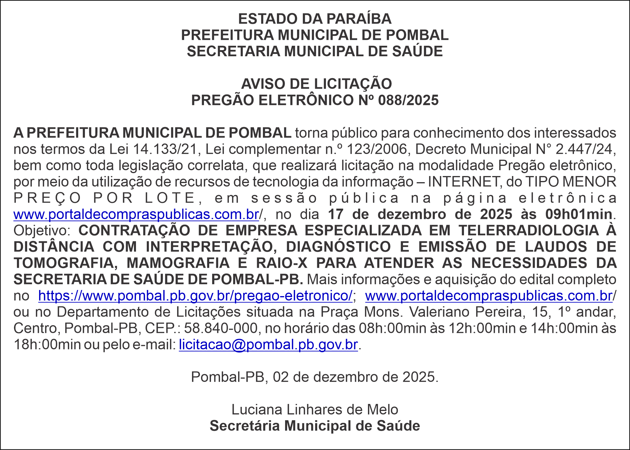 PREFEITURA MUNICIPAL DE POMBAL –  AVISO DE LICITAÇÃO – PREGÃO ELETRÔNICO Nº 088/2025