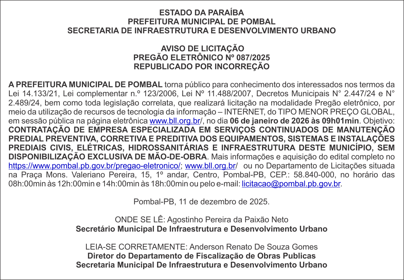 PREFEITURA MUNICIPAL DE POMBAL –  AVISO DE LICITAÇÃO – PREGÃO ELETRÔNICO Nº 087/2025 (REPUBLICADO POR INCORREÇÃO)