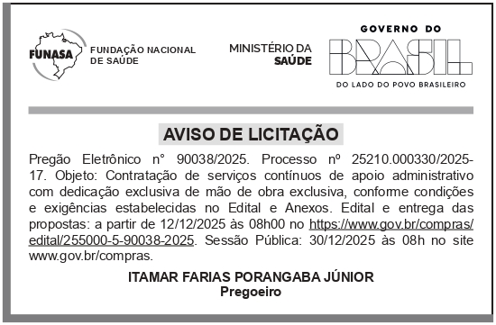 FUNASA – DF – BRASILIA – Pregão Eletrônico n° 90038/2025 – 255000