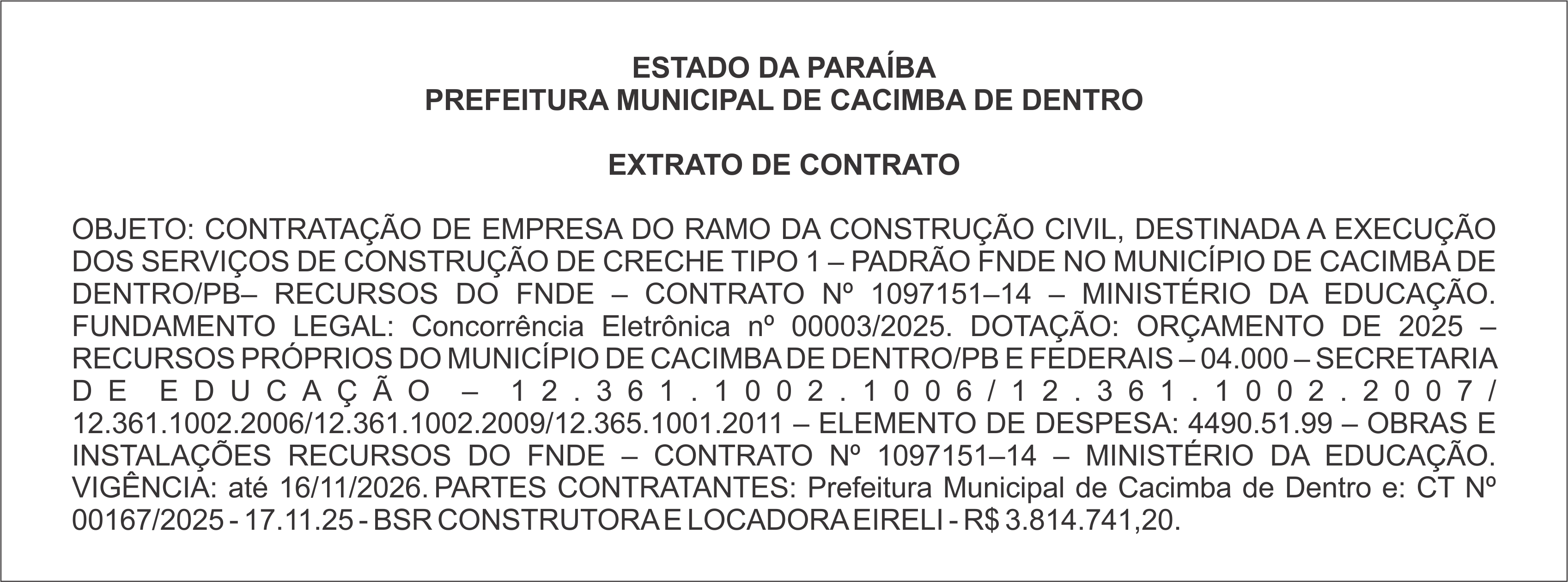 PREFEITURA MUNICIPAL DE CACIMBA DE DENTRO – EXTRATO DE CONTRATO