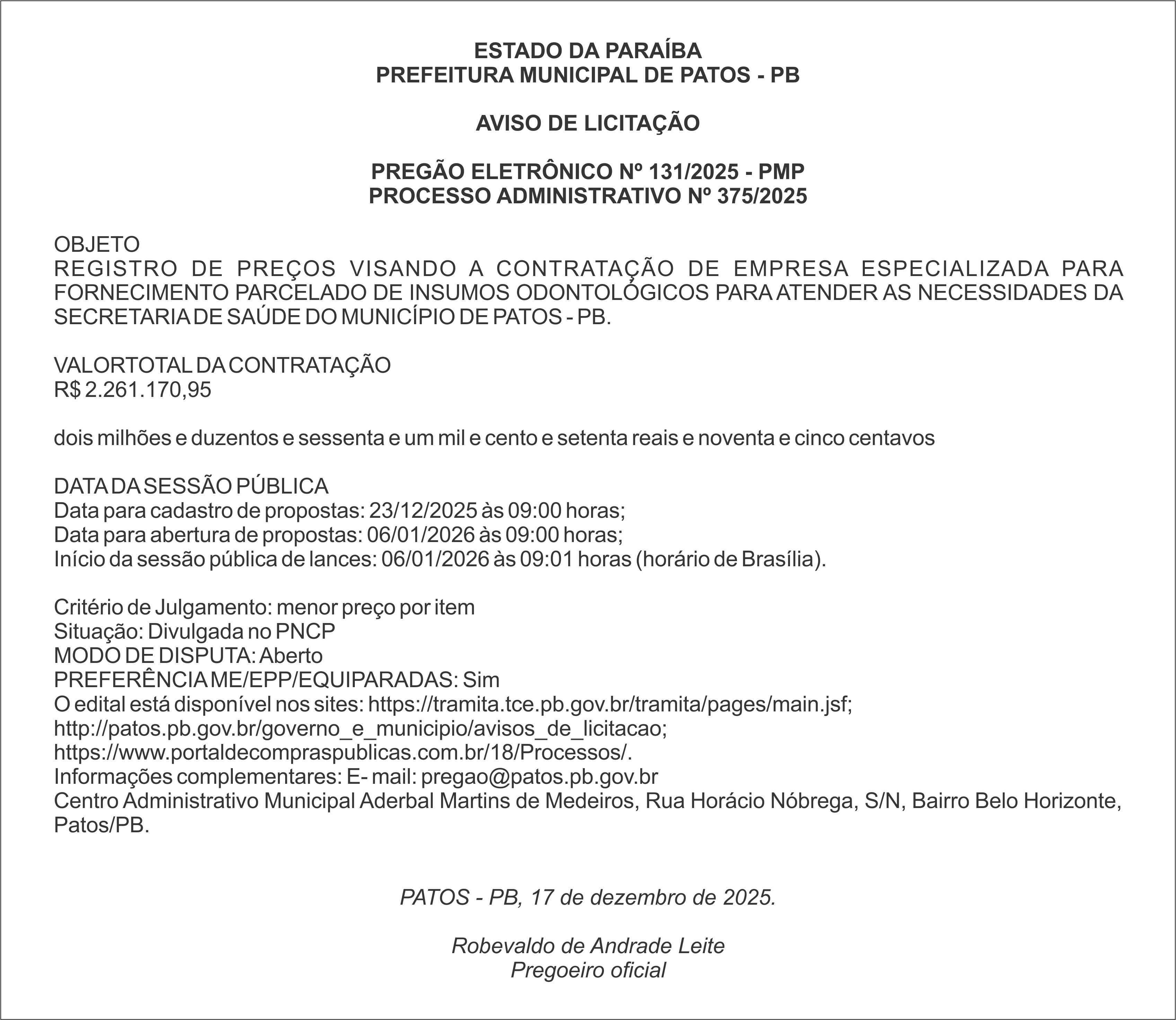PREFEITURA MUNICIPAL DE PATOS – PB – PREGÃO ELETRÔNICO Nº 131/2025 – PMP