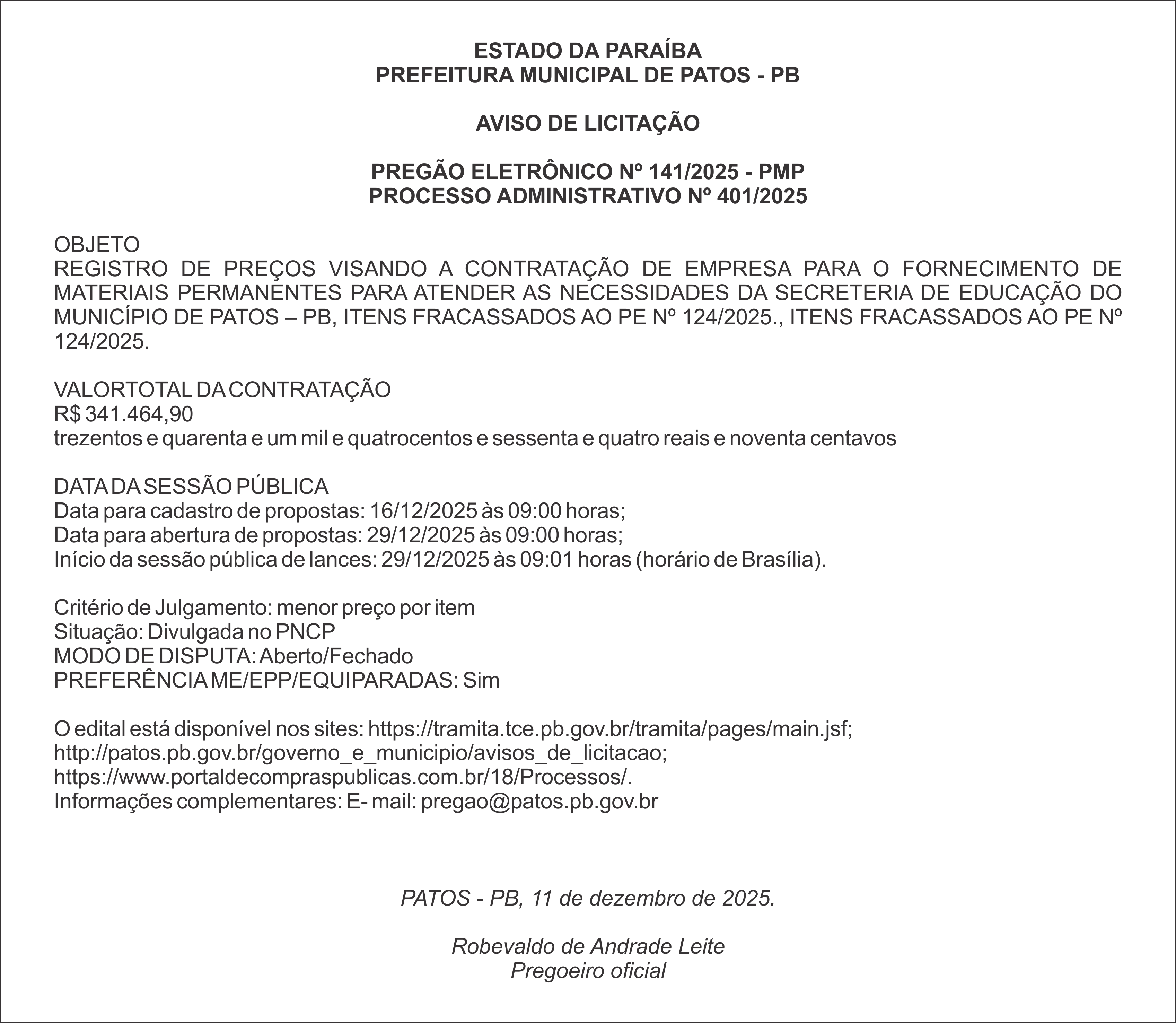PREFEITURA MUNICIPAL DE PATOS – PB – AVISO DE LICITAÇÃO – PREGÃO ELETRÔNICO Nº 141/2025