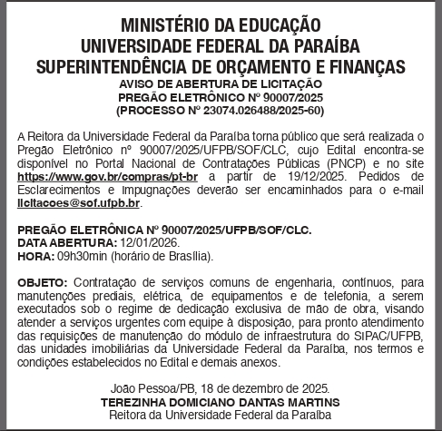 UNIVERSIDADE FEDERAL DA PARAIBA – PREGÃO ELETRÔNICO No 90007/2025