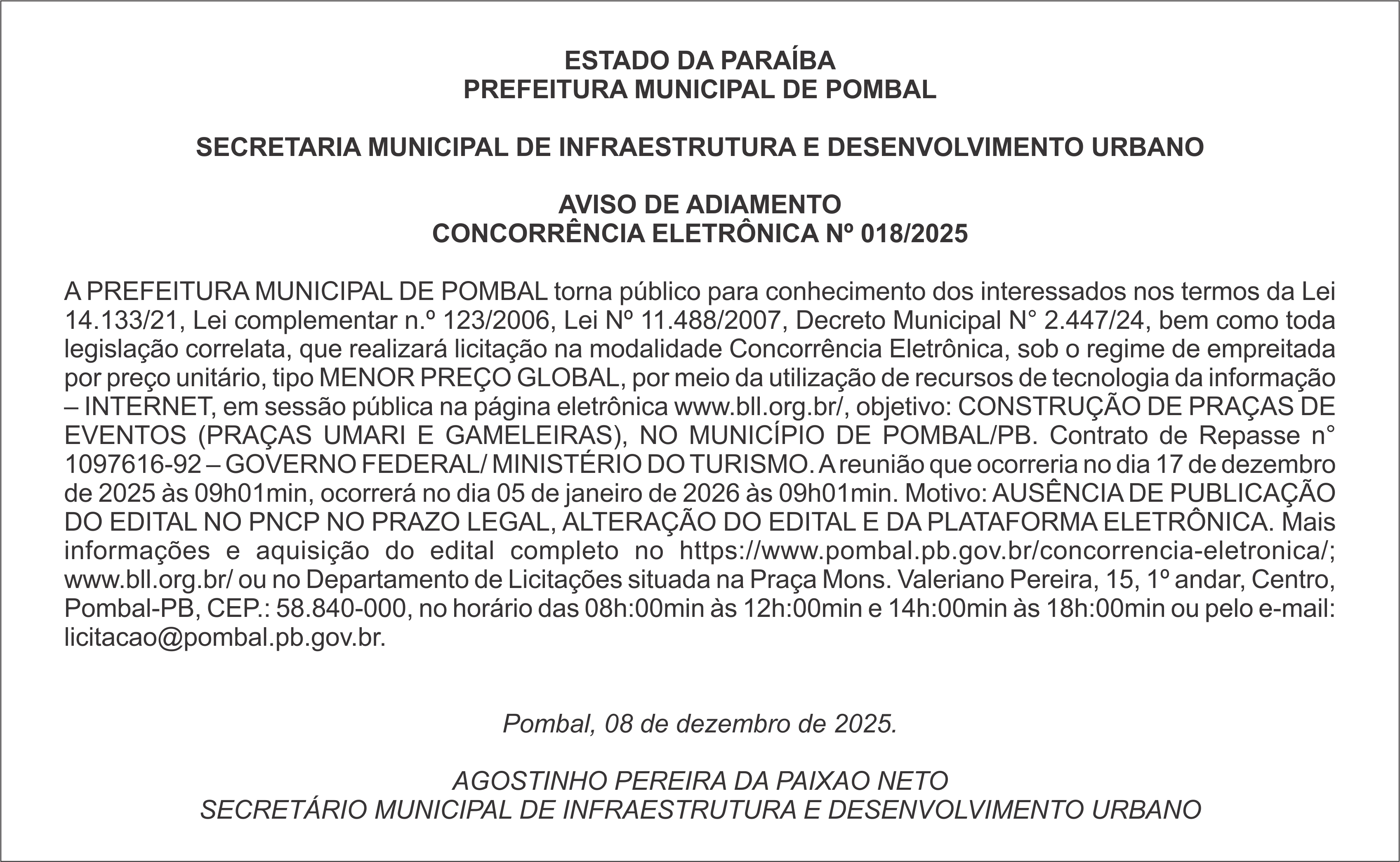 PREFEITURA MUNICIPAL DE POMBAL – AVISO DE ADIAMENTO – CONCORRÊNCIA ELETRÔNICA Nº 018/2025