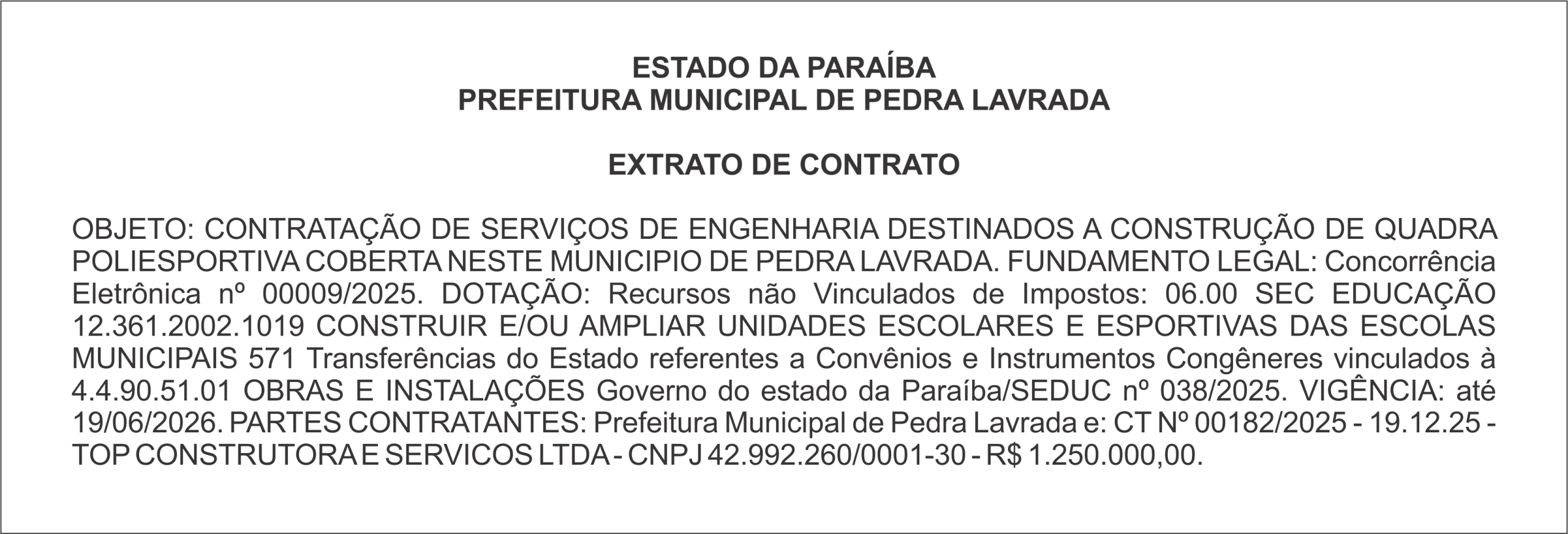 PREFEITURA MUNICIPAL DE PEDRA LAVRADA – EXTRATO DE CONTRATO