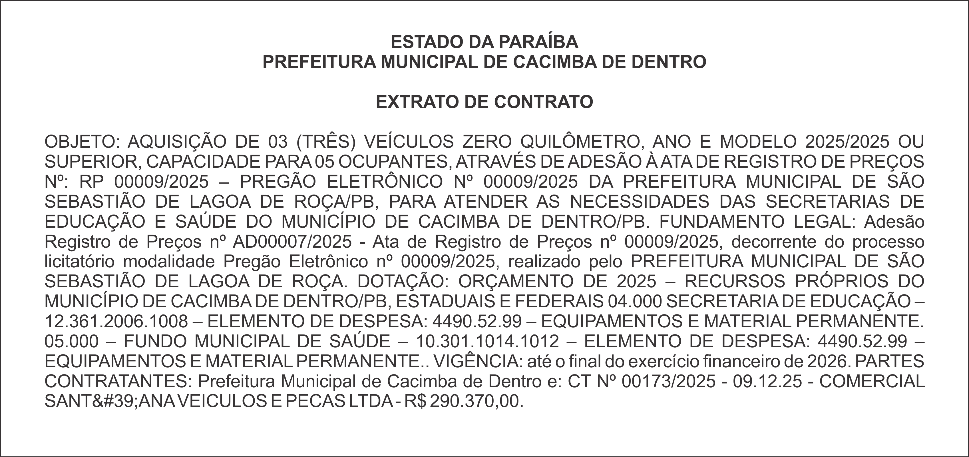 PREFEITURA MUNICIPAL DE CACIMBA DE DENTRO – EXTRATO DE CONTRATO