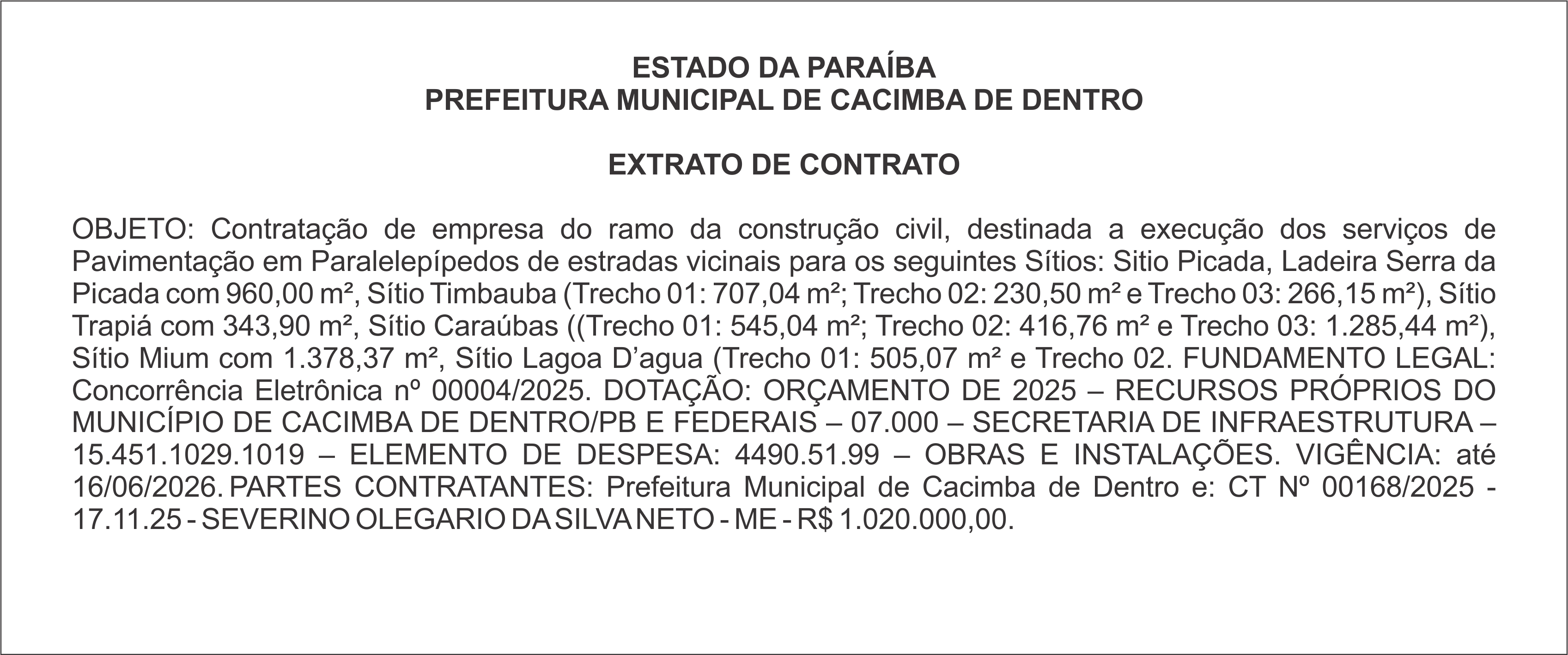 PREFEITURA MUNICIPAL DE CACIMBA DE DENTRO – EXTRATO DE CONTRATO
