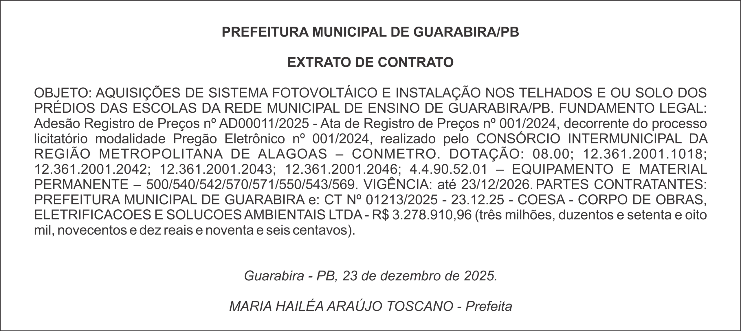 PREFEITURA MUNICIPAL DE GUARABIRA/PB – EXTRATO DE CONTRATO