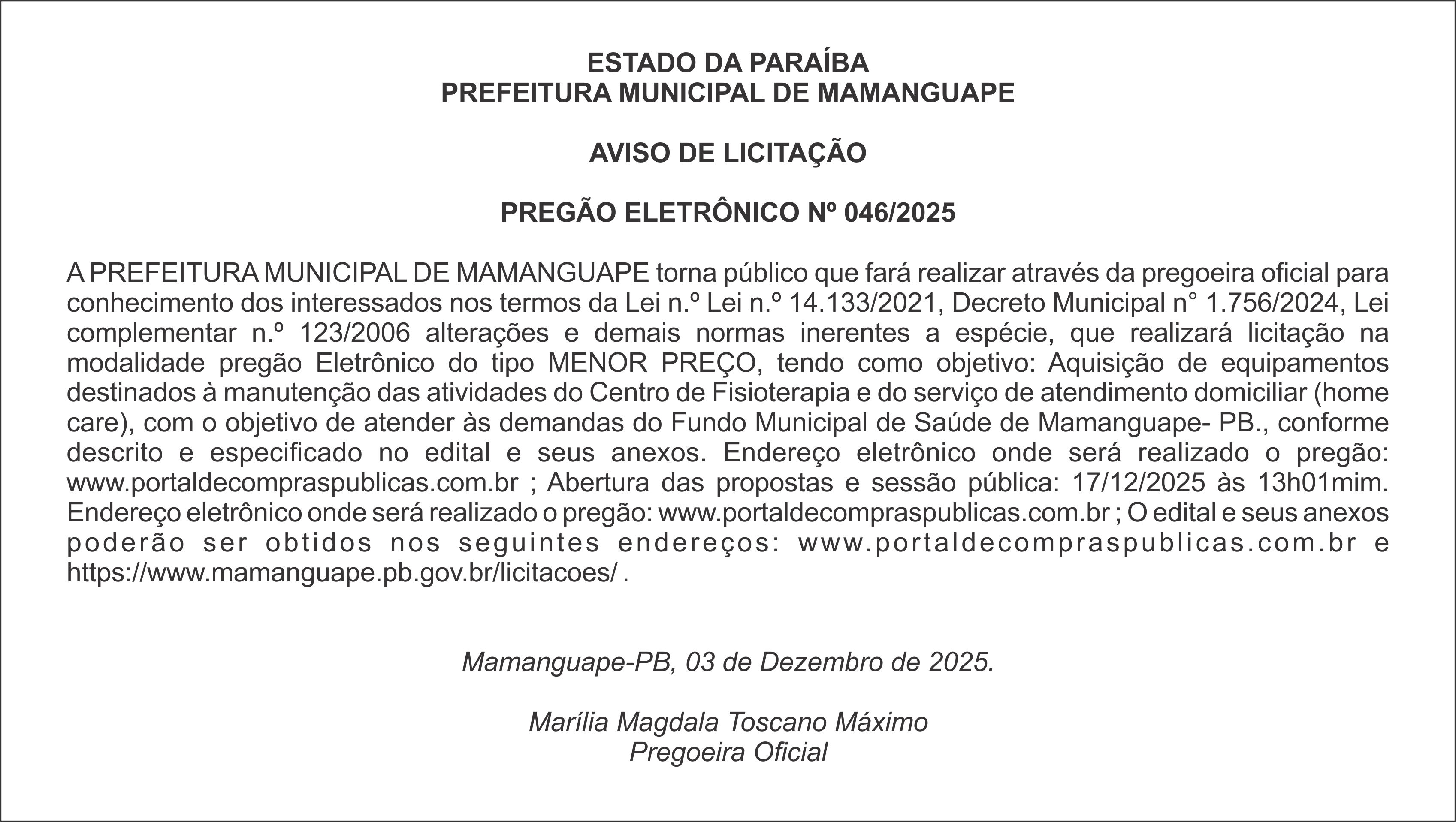 PREFEITURA MUNICIPAL DE MAMANGUAPE – AVISO DE LICITAÇÃO – PREGÃO ELETRÔNICO Nº 046/2025
