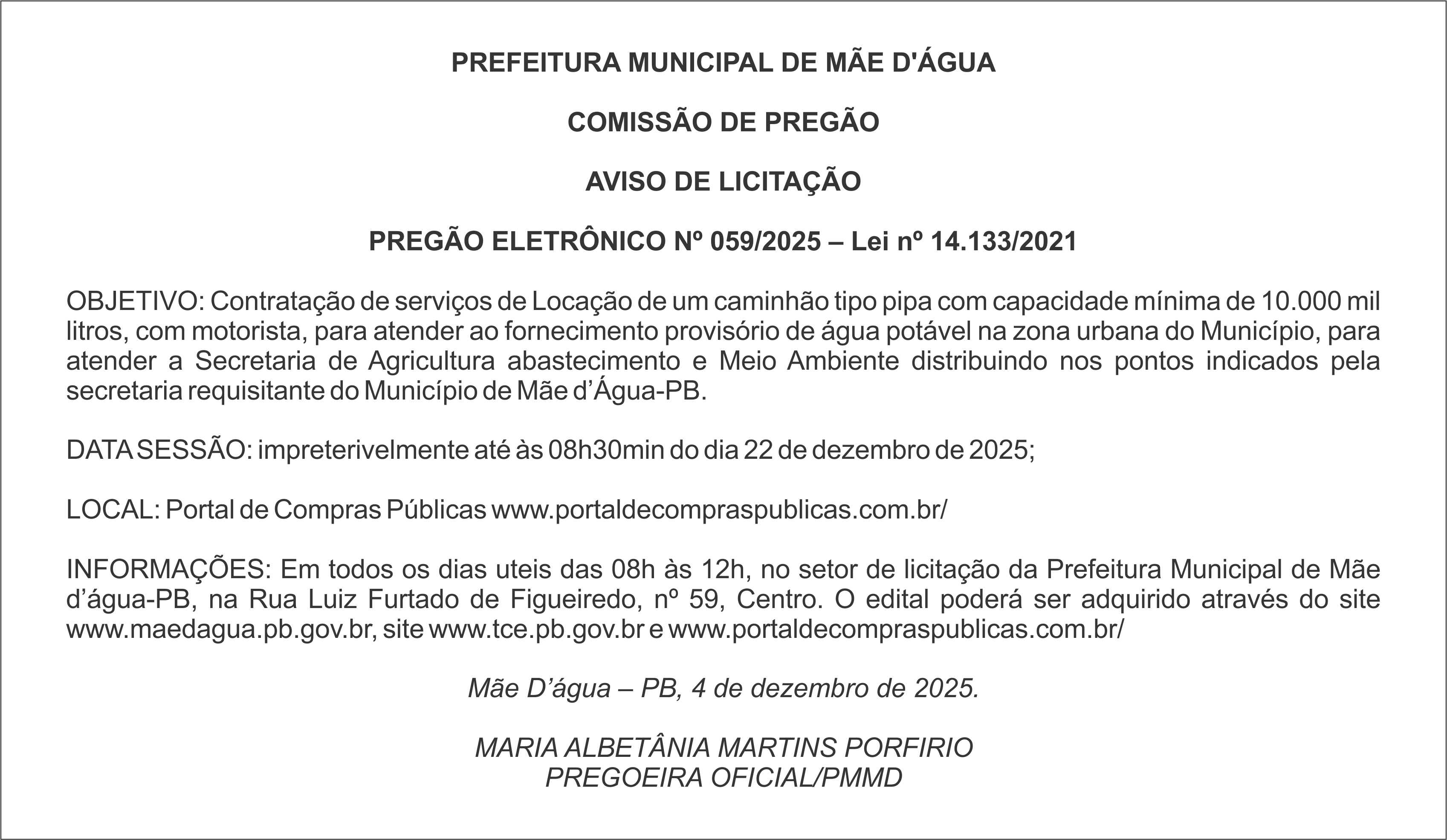 PREFEITURA DE MÃE D’ÁGUA – AVISO DE LICITAÇÃO – PREGÃO ELETRÔNICO Nº 059/2025