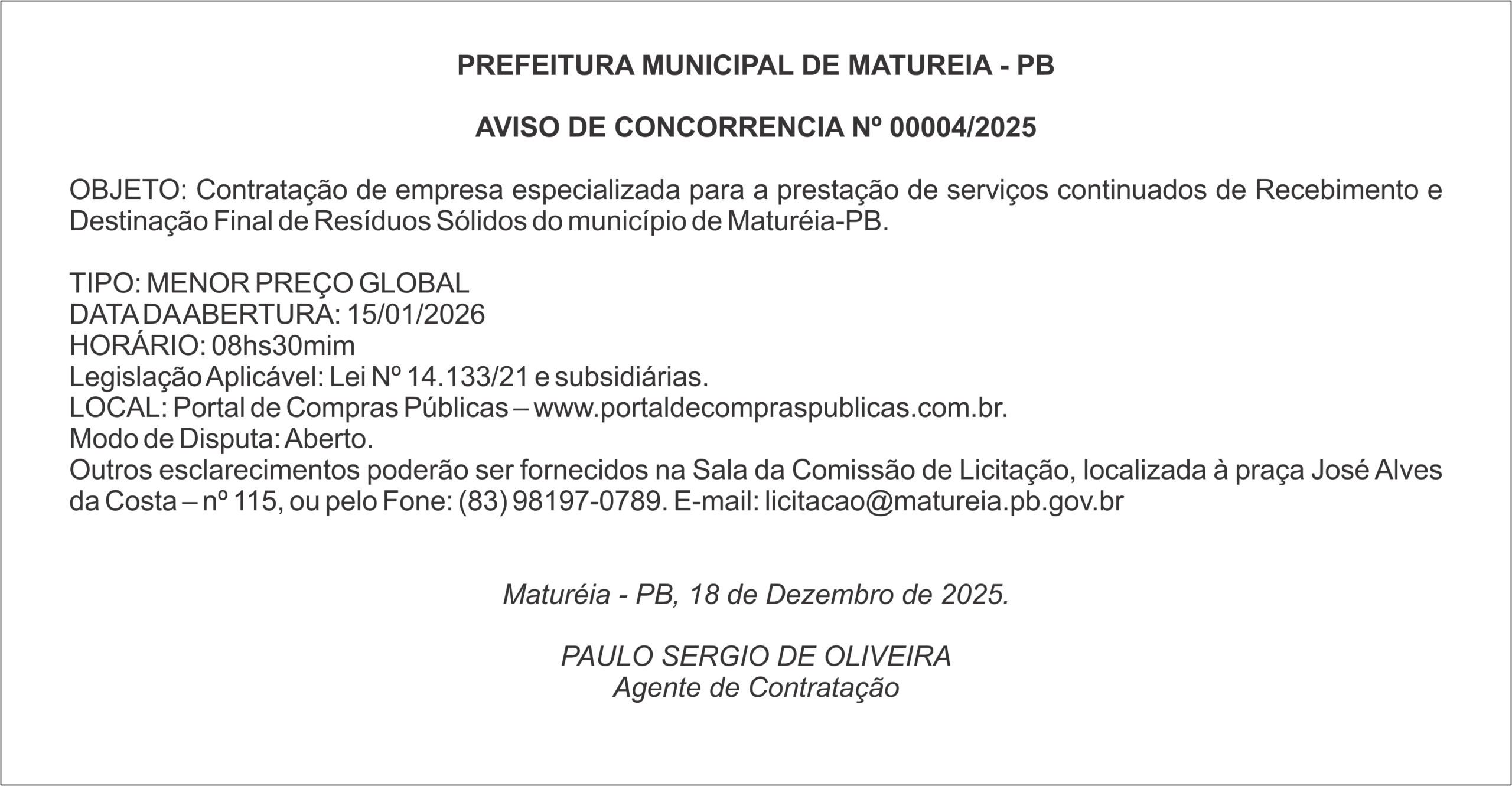 PREFEITURA MUNICIPAL DE MATUREIA – PB – AVISO DE CONCORRENCIA Nº 00004/2025