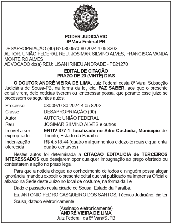 SECRETARIA NACIONAL DE SEGURANÇA HIDRICA – SNSH – MDR – DF – BRASÍLIA – Edital de Citação de Terceiro Interessado – ENTIV-377-1 (JOSIMAR SILVINO ALVES e outros)