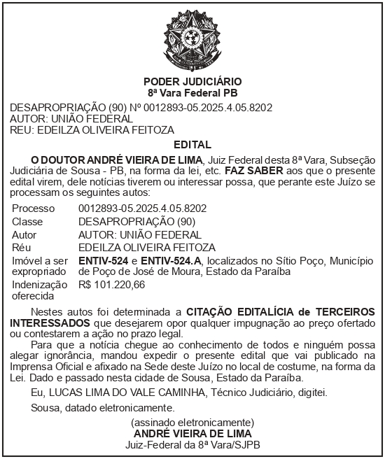 SECRETARIA NACIONAL DE SEGURANÇA HIDRICA – SNSH – MDR – DF – BRASÍLIA – Edital de Citação de Terceiros Interessados – ENTIV-524 – ENTIV-524.A (EDEILZA OLVEIRA FEITOZA)