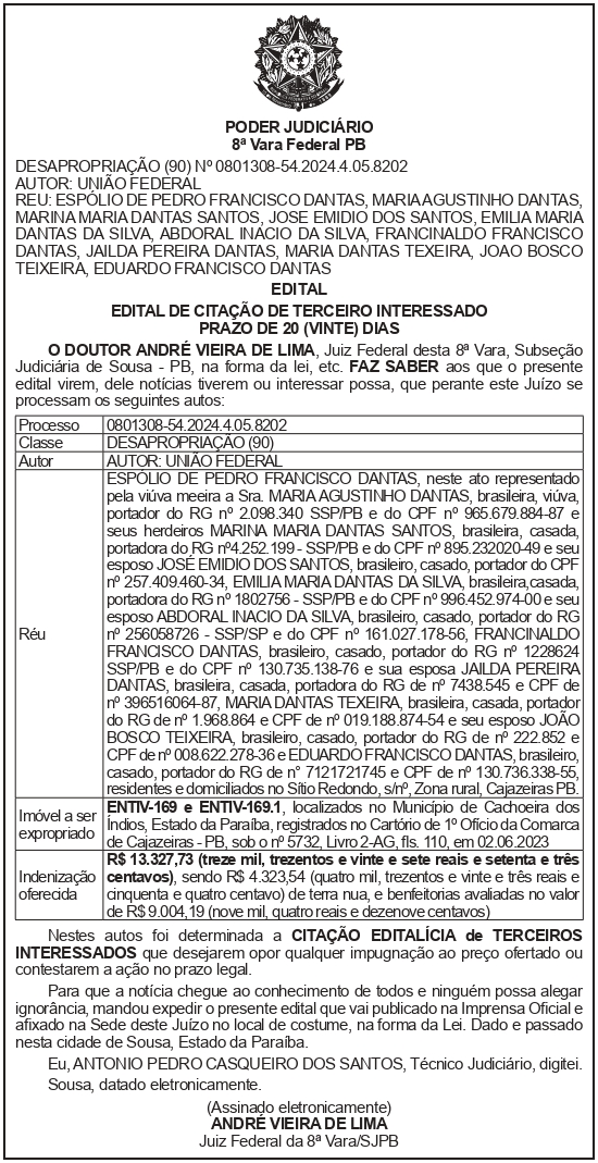 SECRETARIA NACIONAL DE SEGURANÇA HIDRICA – SNSH – MDR – DF – BRASÍLIA – Edital de Citação de Terceiro Interessado – ENTIV-169 e ENTIV-169.1 (ESPÓLIO DE PEDRO FRANCISCO DANTAS)
