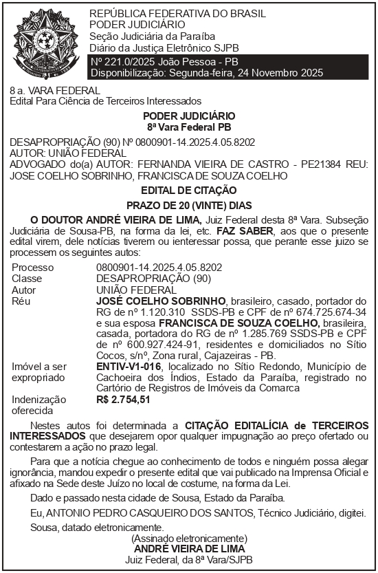 SECRETARIA NACIONAL DE SEGURANÇA HIDRICA – SNSH – MDR – DF – BRASÍLIA – Edital de Citação de Terceiro Interessado – ENTIV-V1-016 (JOSÉ COELHO SOBRINHO e outros)