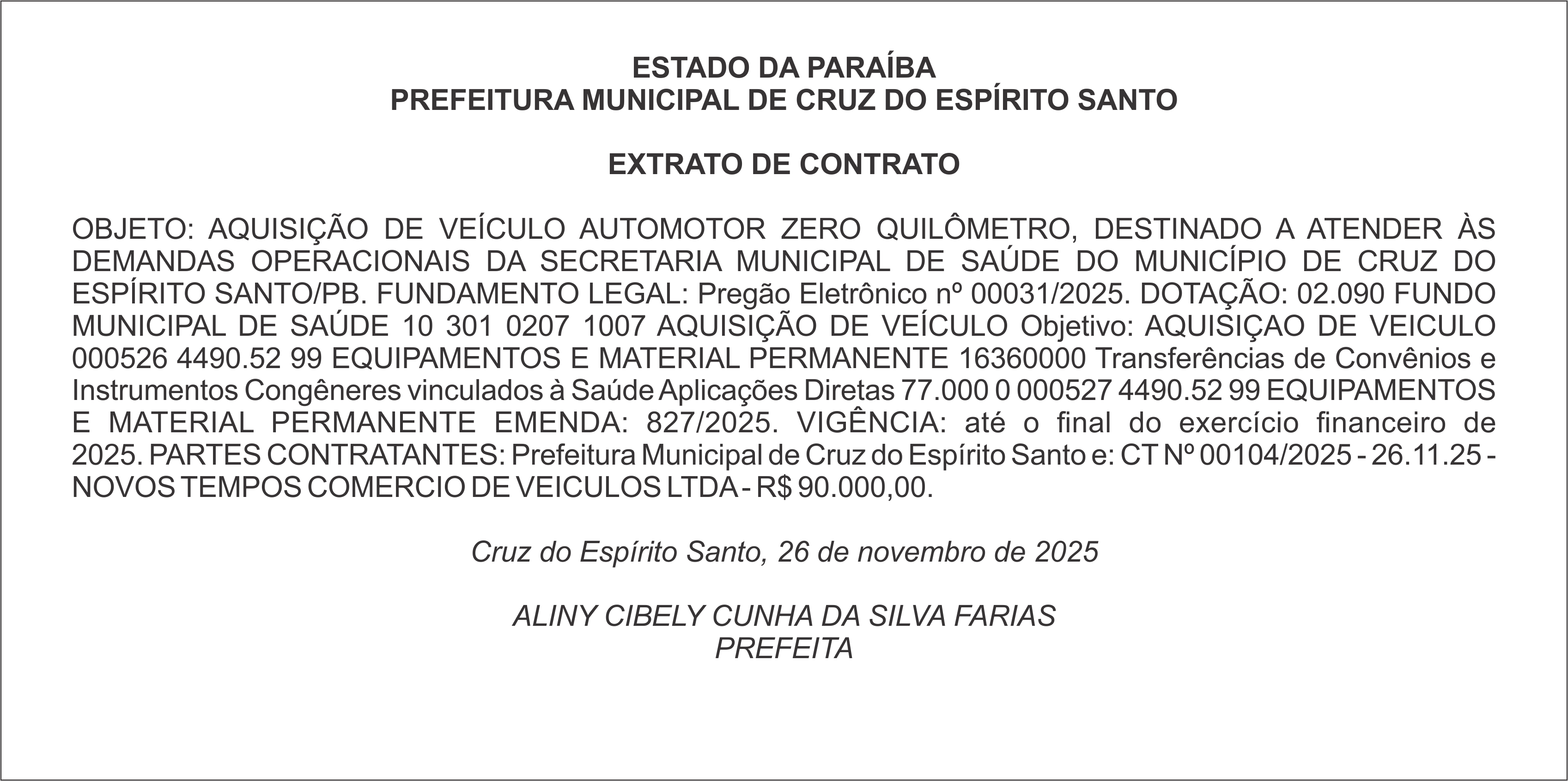 PREFEITURA MUNICIPAL DE CRUZ DO ESPÍRITO SANTO – EXTRATO DE CONTRATO