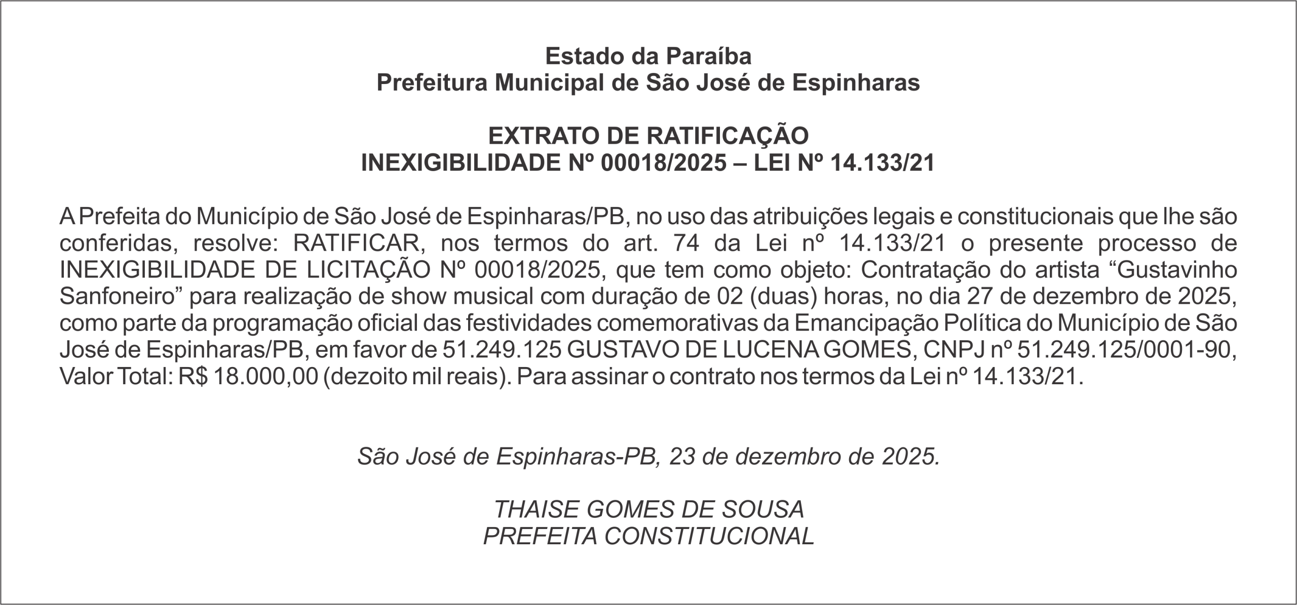 PREFEITURA DE SÃO JOSÉ DE ESPINHARAS – EXTRATO DE RATIFICAÇÃO