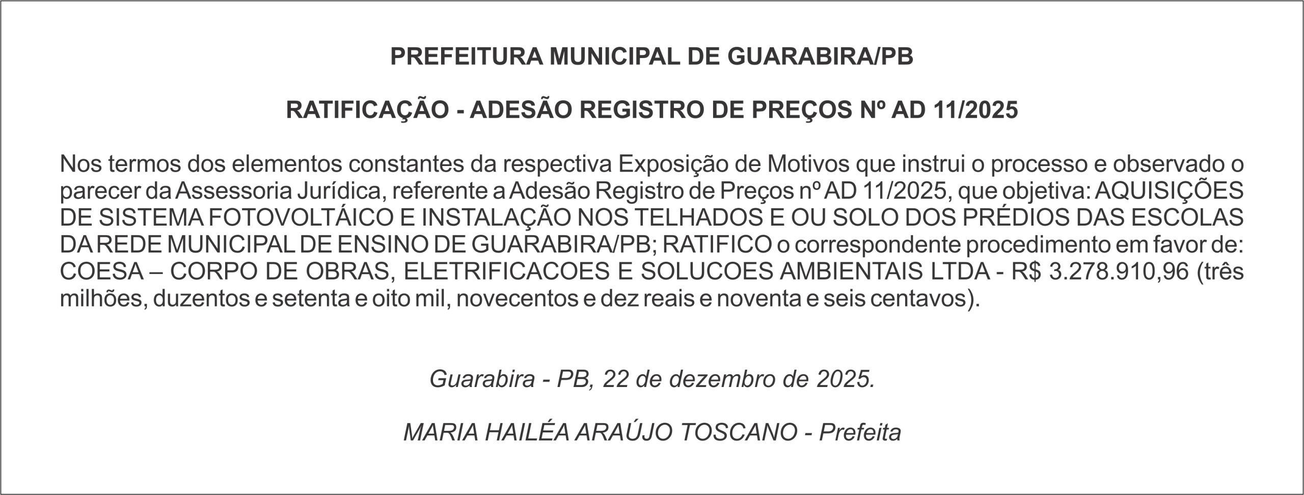 PREFEITURA MUNICIPAL DE GUARABIRA/PB – RATIFICAÇÃO – ADESÃO REGISTRO DE PREÇOS Nº AD 11/2025