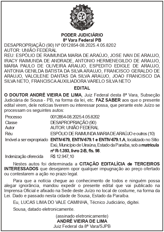 SECRETARIA NACIONAL DE SEGURANÇA HIDRICA – SNSH – MDR – DF – BRASÍLIA – Edital de Citação de Terceiro Interessado – ENTIV-679, ENTIV-679.1 e ENTIV-679.1.A (ESPÓLIO DE RAIMUNDA MARIA DE ARAÚJO)