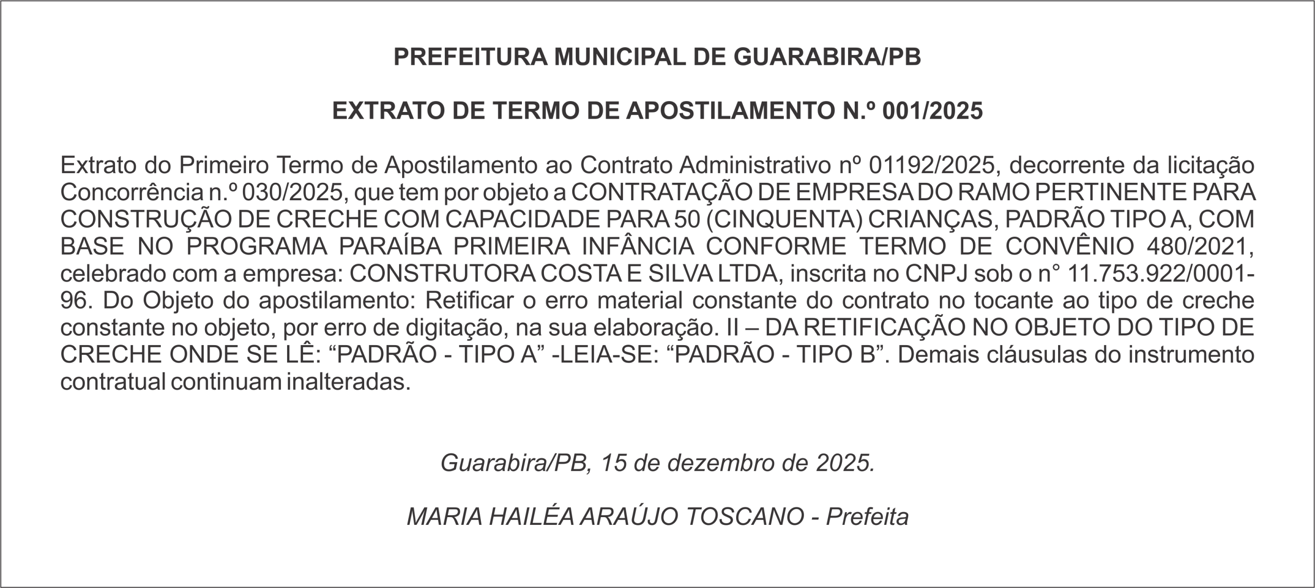 PREFEITURA MUNICIPAL DE GUARABIRA/PB – EXTRATO DE TERMO DE APOSTILAMENTO N.º 001/2025