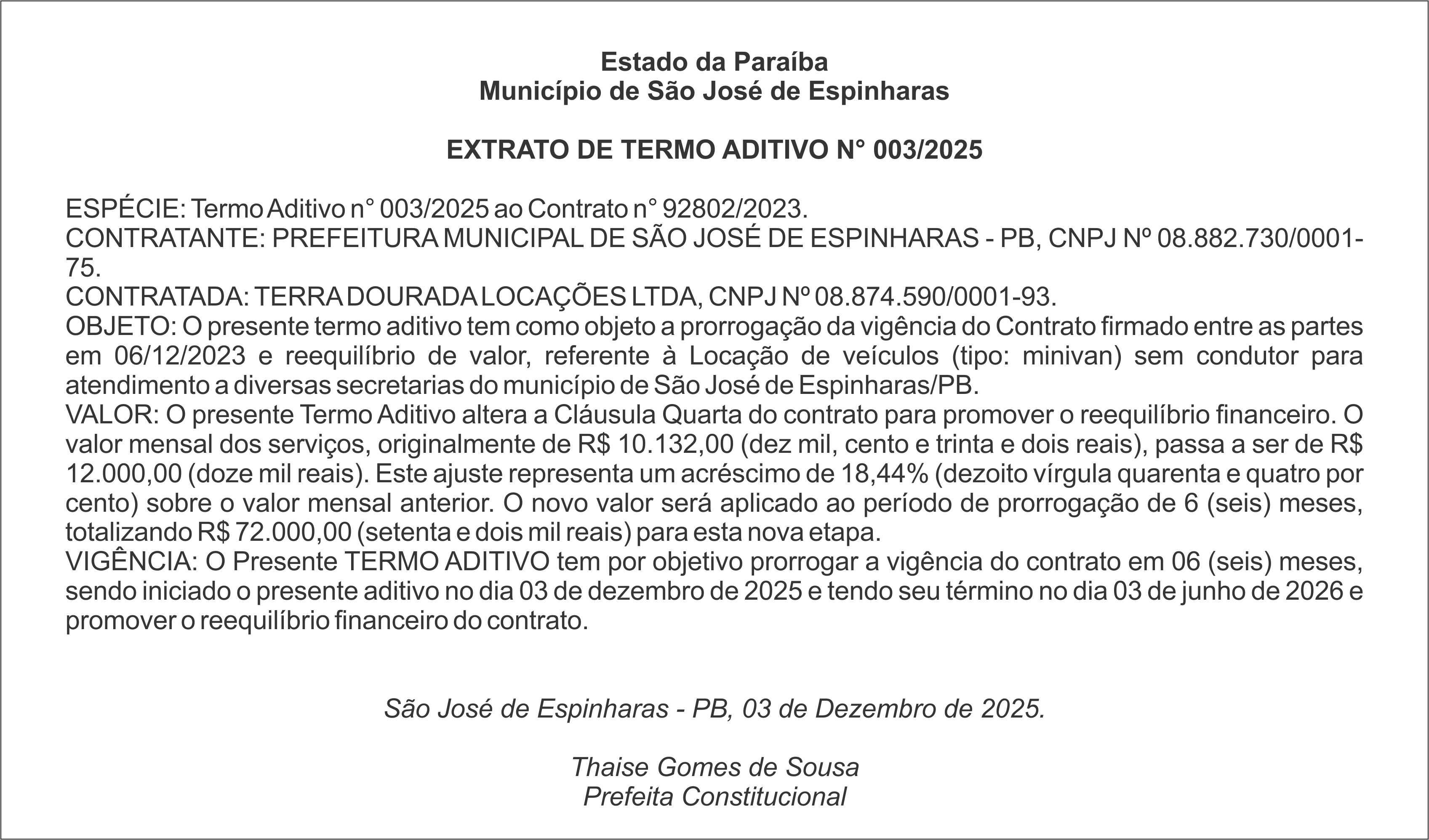 PREFEITURA MUNICIPAL DE SÃO JOSÉ DE ESPINHARAS – EXTRATO DE TERMO ADITIVO N° 003/2025