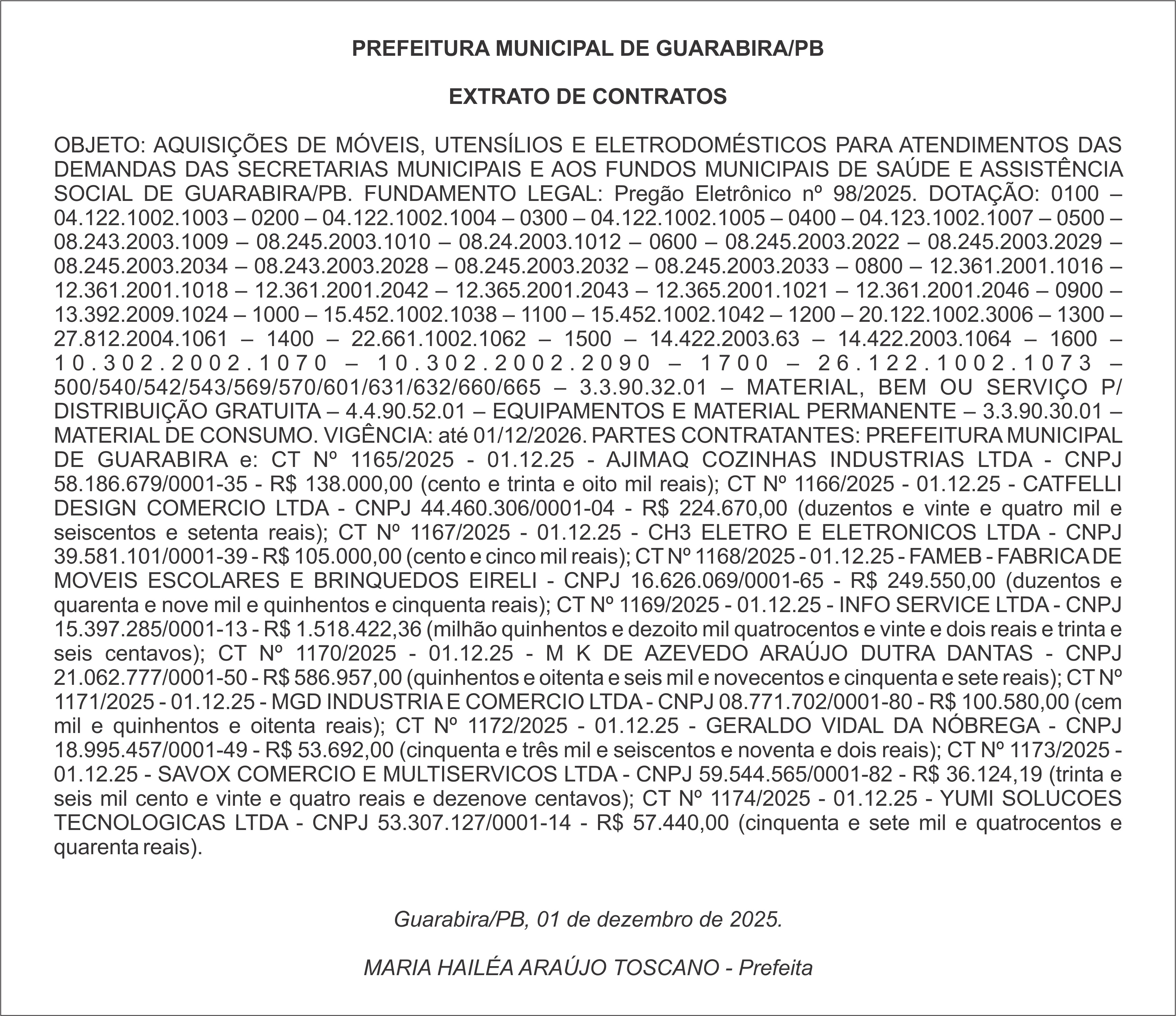 PREFEITURA MUNICIPAL DE GUARABIRA/PB – EXTRATO DE CONTRATOS
