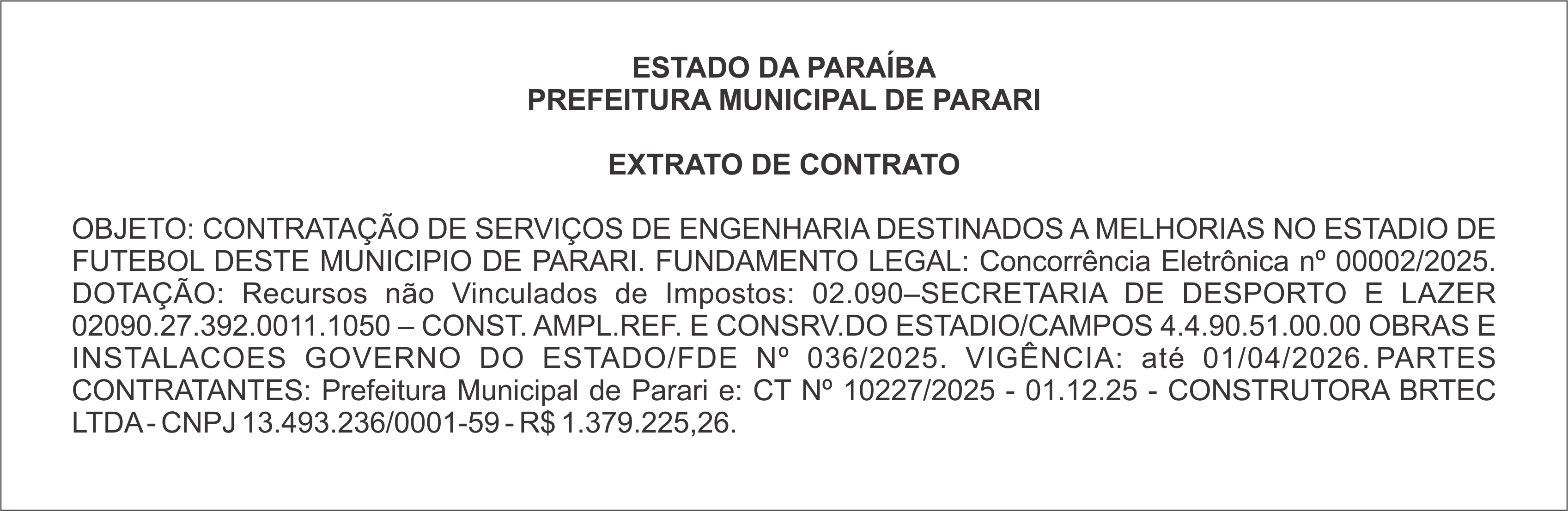 PREFEITURA MUNICIPAL DE PARARI – EXTRATO DE CONTRATO