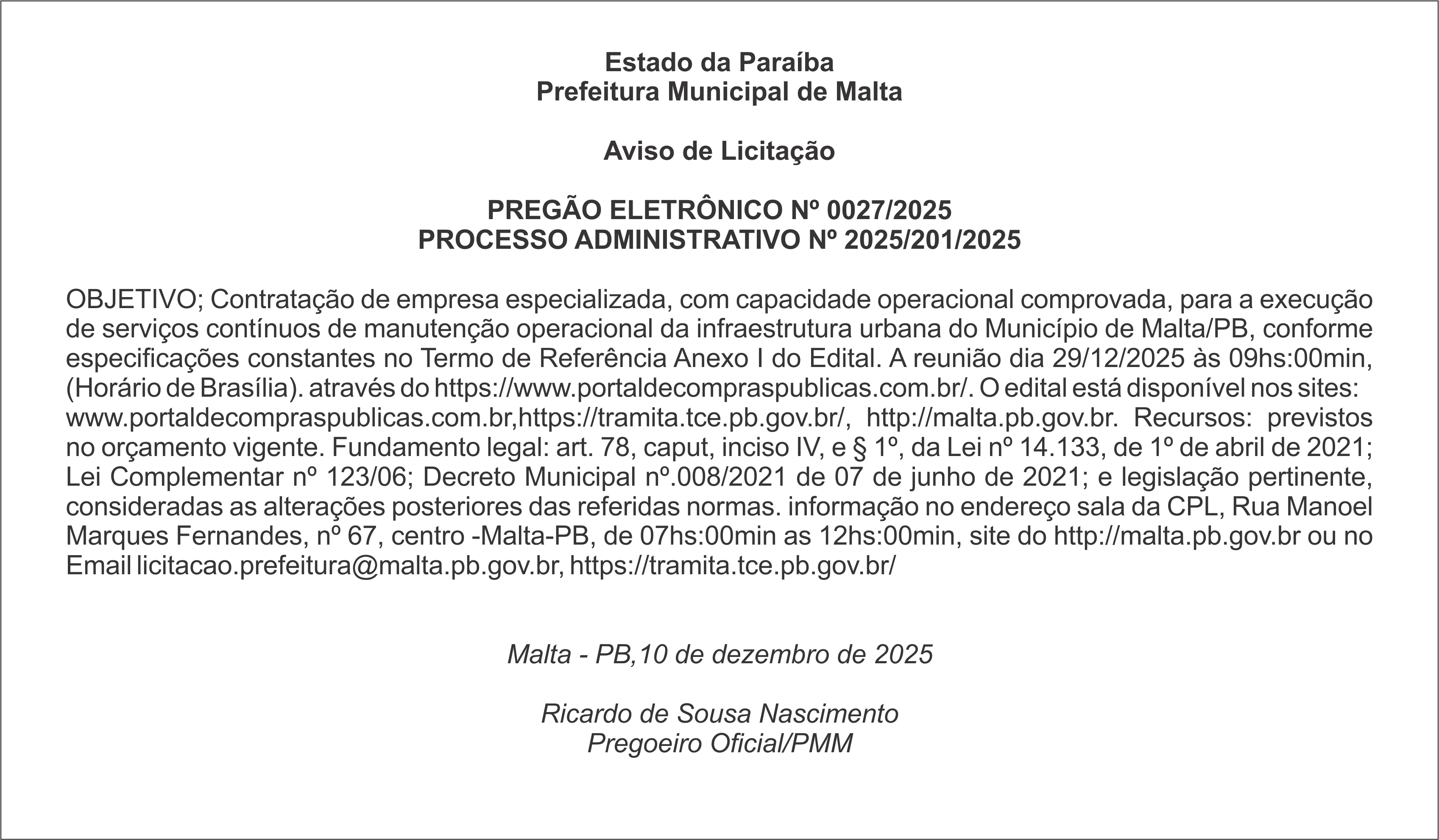 Prefeitura Municipal de Malta – Aviso de Licitação – Pregão Eletrônico Nº 0027/2025