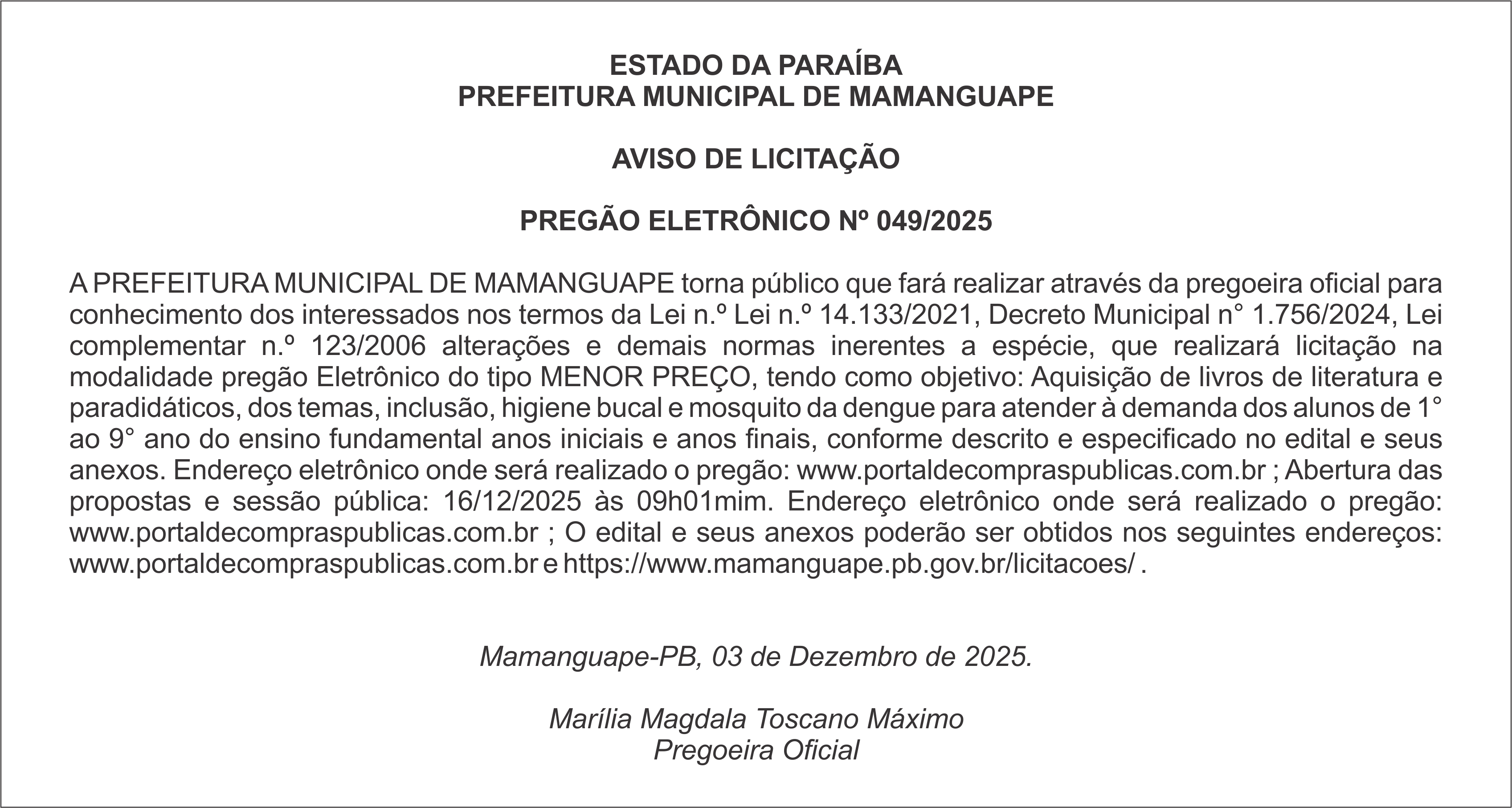 PREFEITURA MUNICIPAL DE MAMANGUAPE – AVISO DE LICITAÇÃO  PREGÃO ELETRÔNICO Nº 049/2025