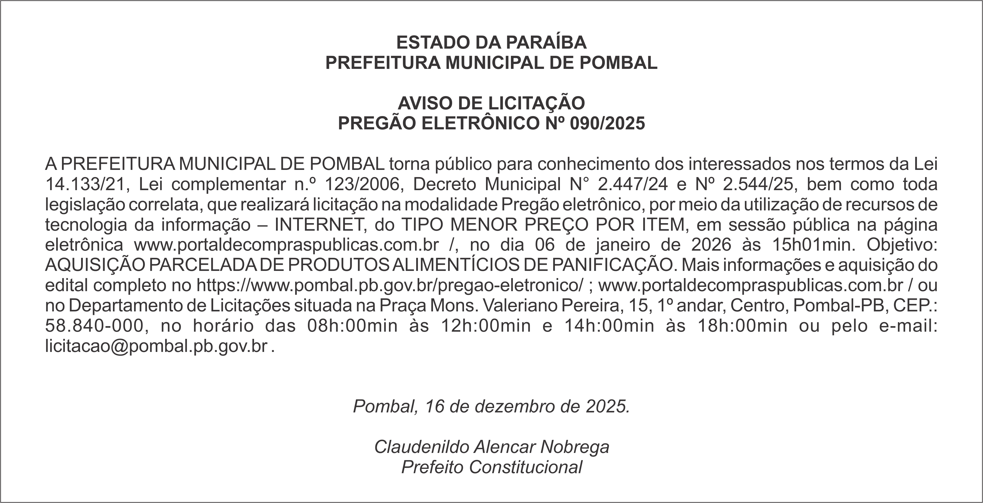 PREFEITURA MUNICIPAL DE POMBAL – AVISO DE LICITAÇÃO – PREGÃO ELETRÔNICO Nº 090/2025
