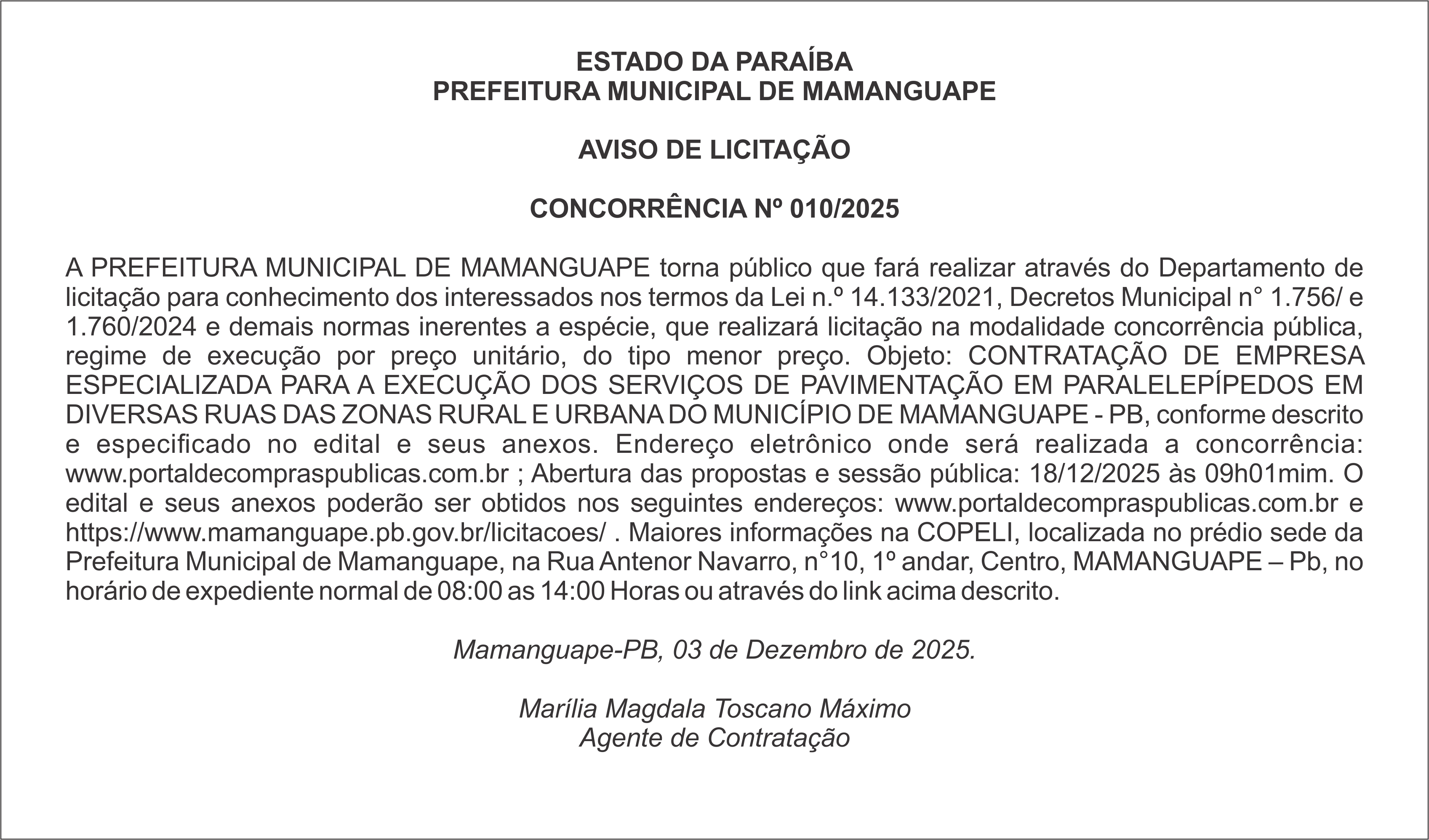 PREFEITURA MUNICIPAL DE MAMANGUAPE – AVISO DE LICITAÇÃO – CONCORRÊNCIA Nº 010/2025