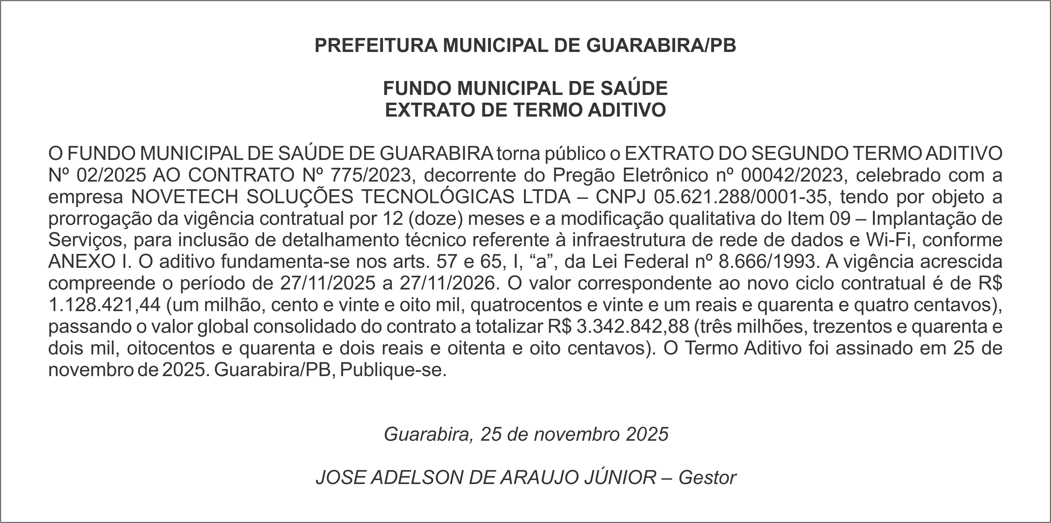 PREFEITURA MUNICIPAL DE GUARABIRA/PB – FUNDO MUNICIPAL DE SAÚDE – EXTRATO DE TERMO ADITIVO