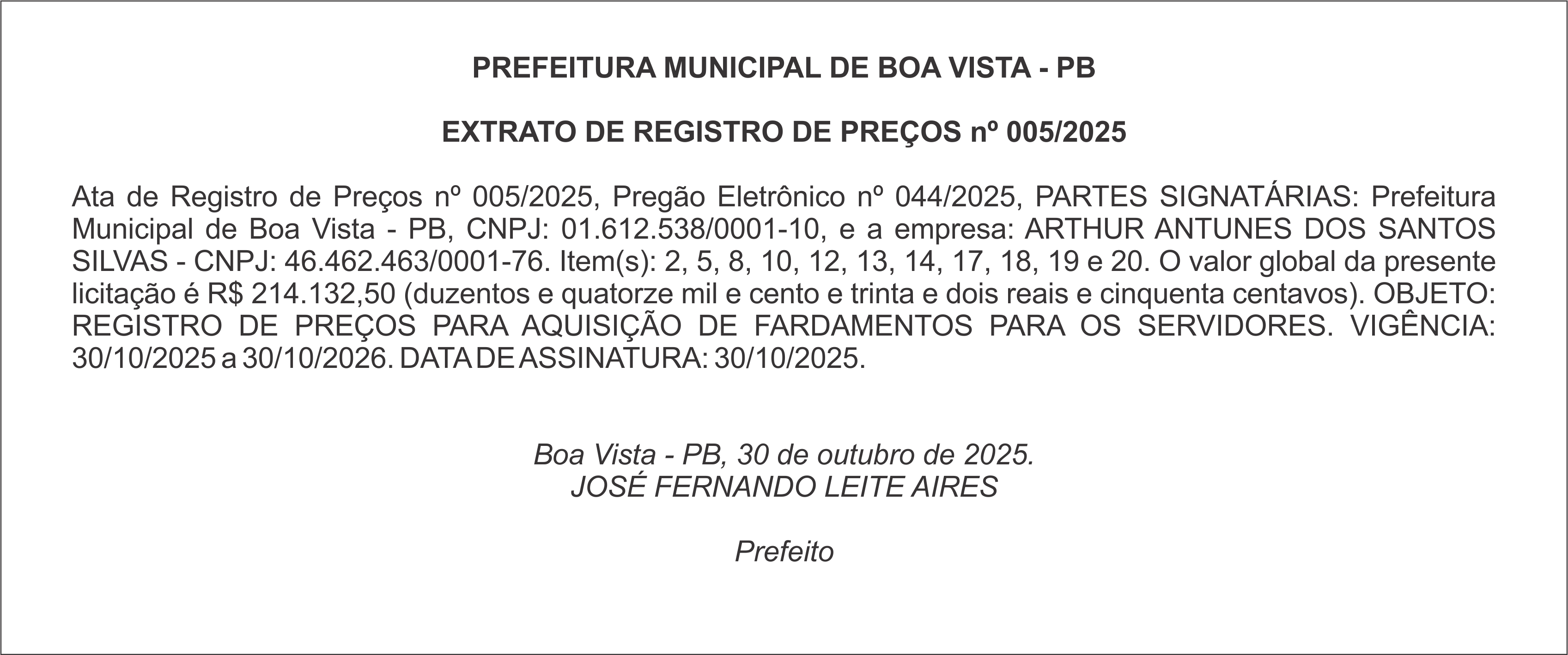 PREFEITURA MUNICIPAL DE BOA VISTA – PB – EXTRATO DE REGISTRO DE PREÇOS nº 005/2025