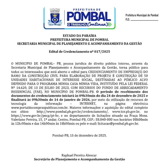 PREFEITURA MUNICIPAL DE POMBAL  – Edital de Credenciamento nº 017/2025