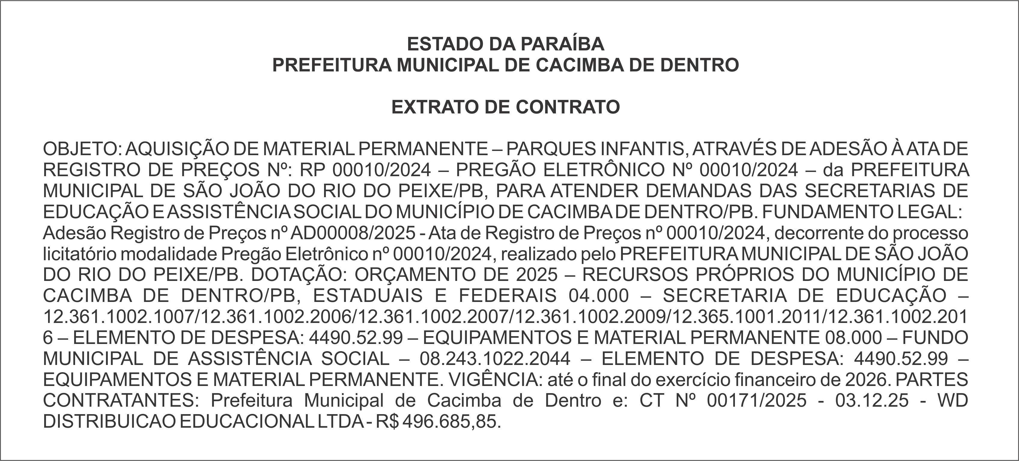PREFEITURA MUNICIPAL DE CACIMBA DE DENTRO – EXTRATO DE CONTRATO