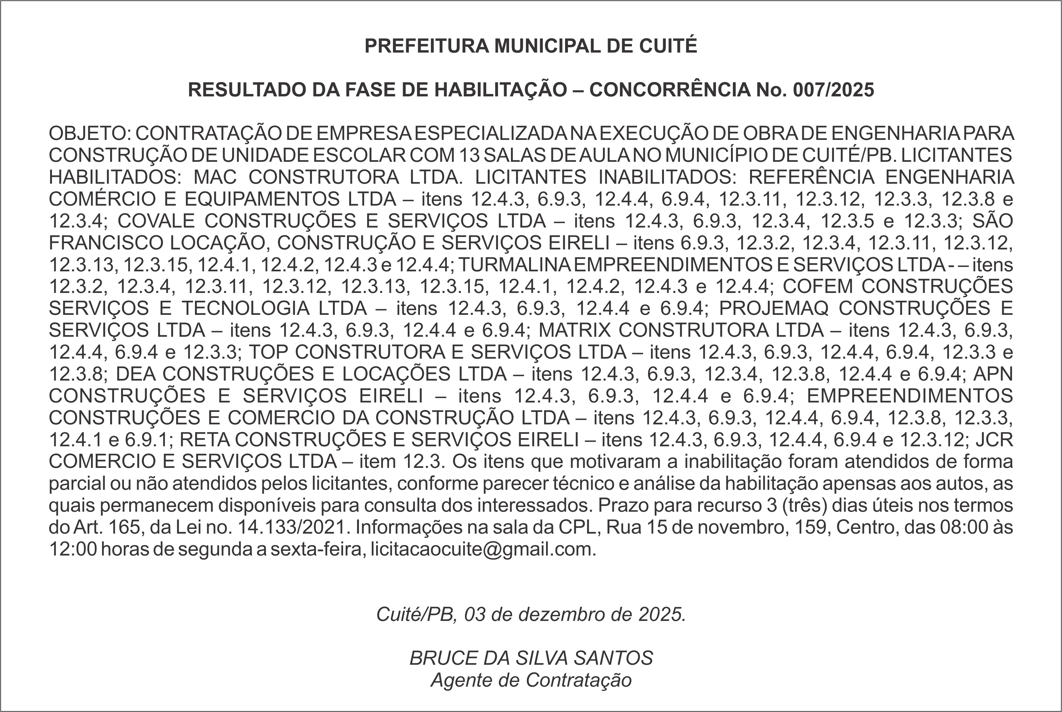 PREFEITURA MUNICIPAL DE CUITÉ – RESULTADO DA FASE DE HABILITAÇÃO – CONCORRÊNCIA No. 007/2025