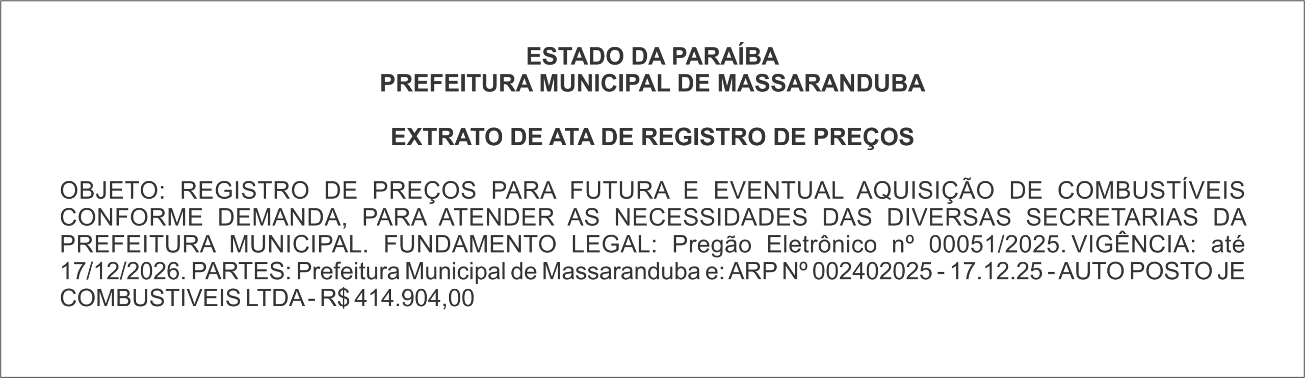 PREFEITURA MUNICIPAL DE MASSARANDUBA – EXTRATO DE ATA DE REGISTRO DE PREÇOS