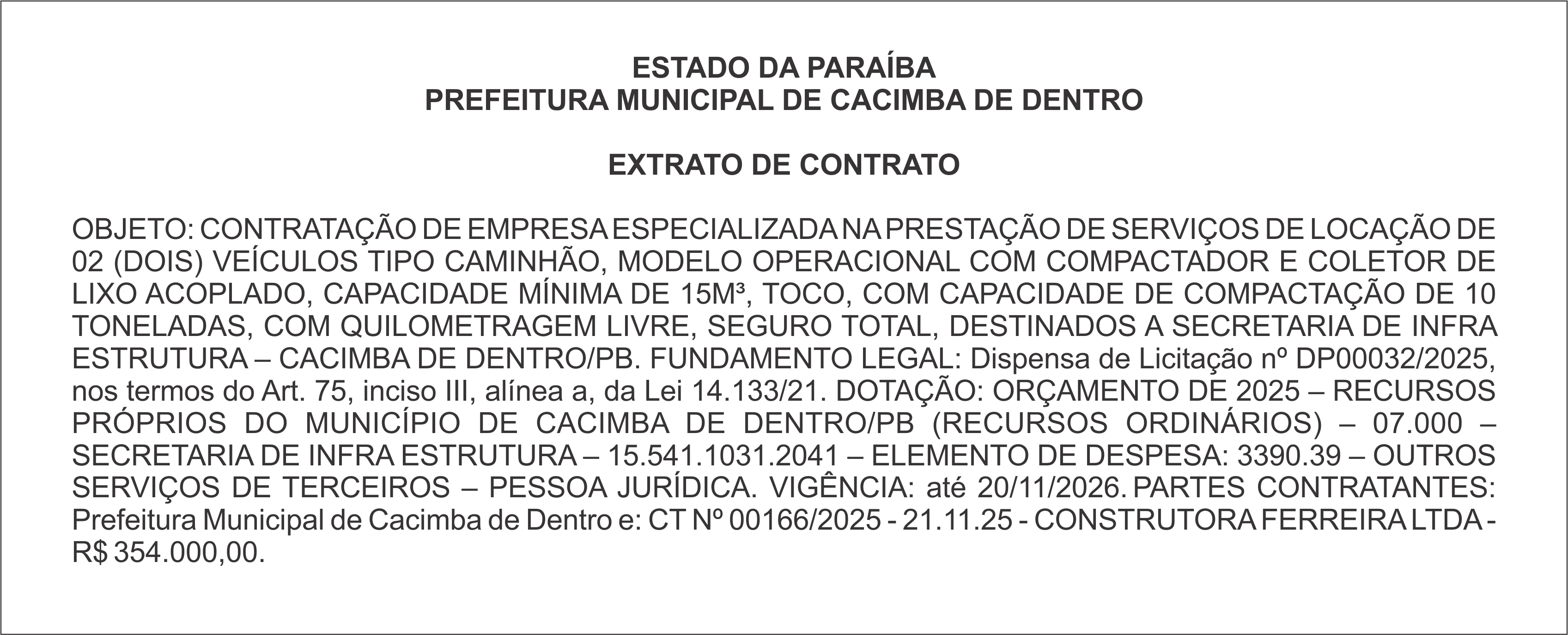 PREFEITURA MUNICIPAL DE CACIMBA DE DENTRO – EXTRATO DE CONTRATO