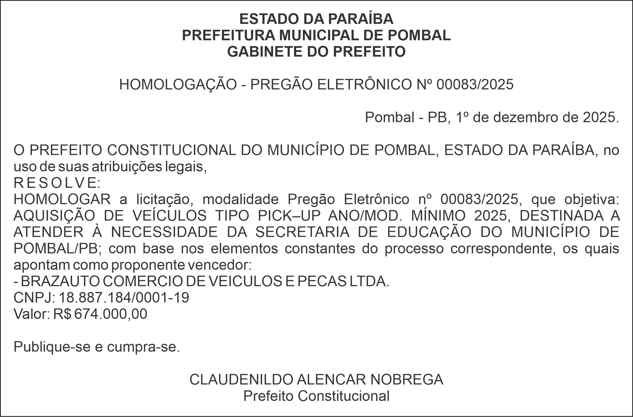PREFEITURA MUNICIPAL DE POMBAL – HOMOLOGAÇÃO – PREGÃO ELETRÔNICO Nº 00083/2025