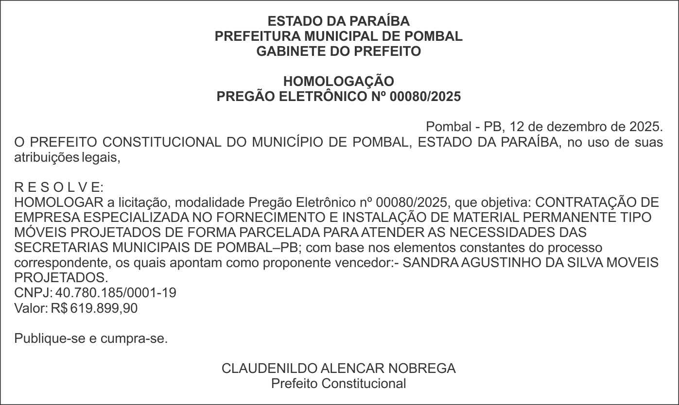 PREFEITURA MUNICIPAL DE POMBAL – HOMOLOGAÇÃO – PREGÃO ELETRÔNICO Nº 00080/2025