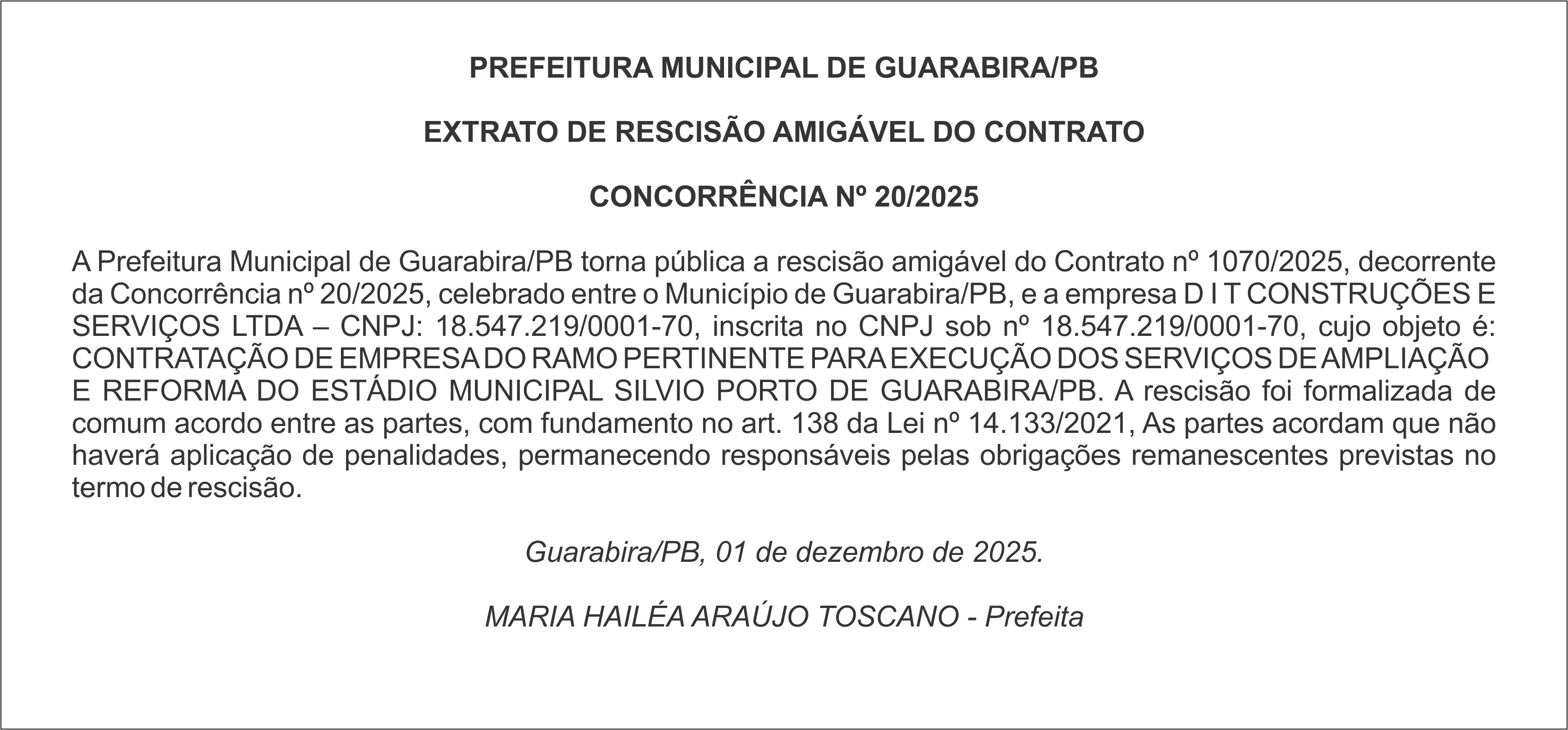 PREFEITURA MUNICIPAL DE GUARABIRA/PB – EXTRATO DE RESCISÃO AMIGÁVEL DO CONTRATO – CONCORRÊNCIA Nº 20/2025