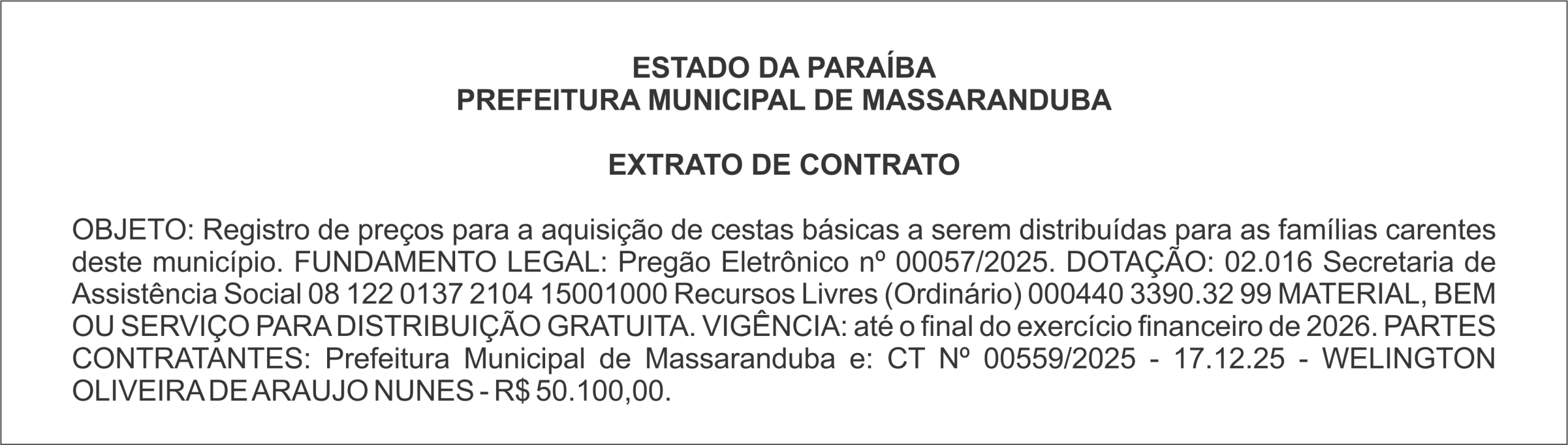 PREFEITURA MUNICIPAL DE MASSARANDUBA – EXTRATO DE CONTRATO